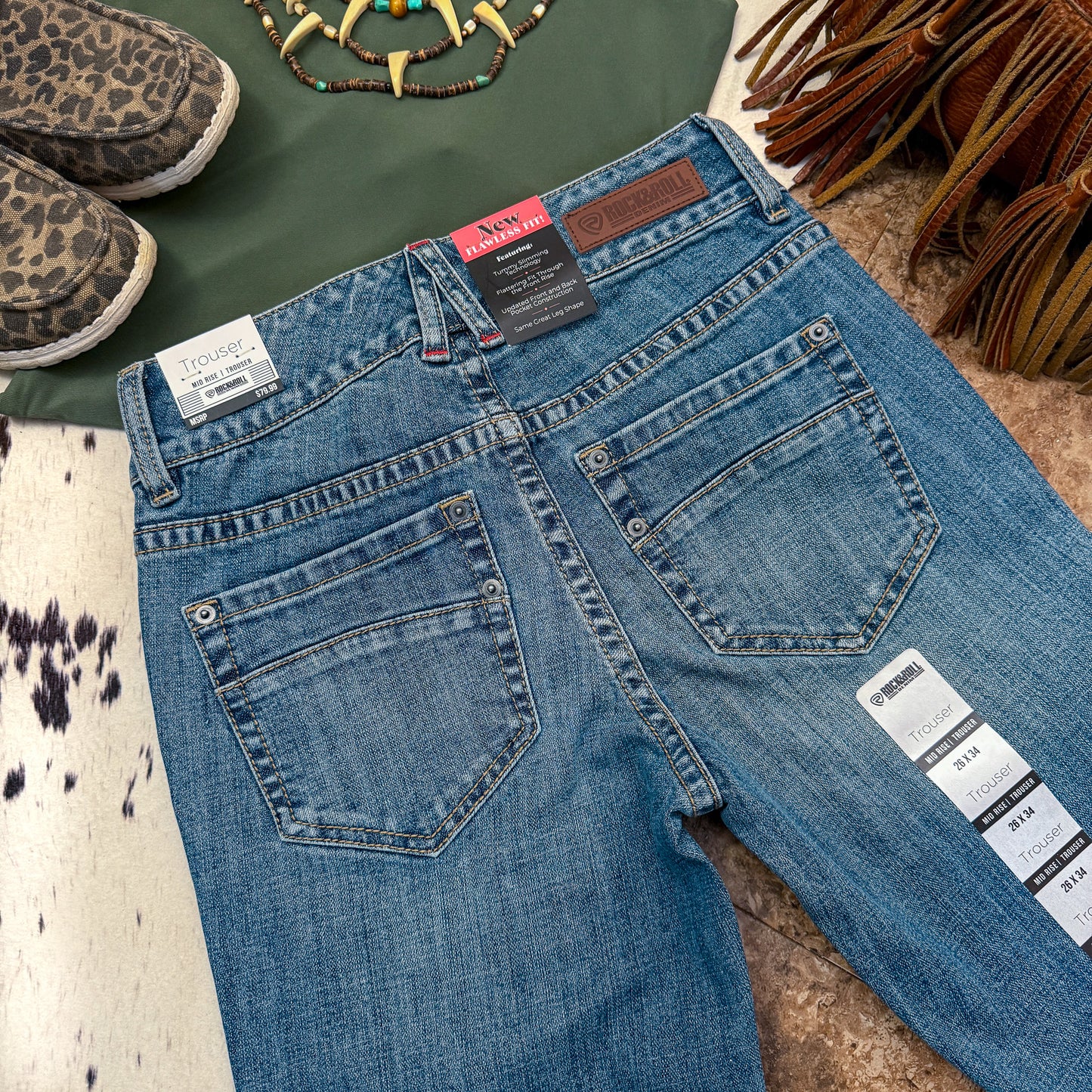 Rock & Roll Denim trouser jeans back view medium wash clean pocket design size 26x34