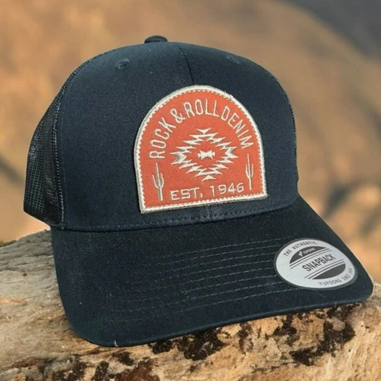 NEW Rock & Roll Denim Patch Logo Aztec Cactus Snapback Trucker Hat
