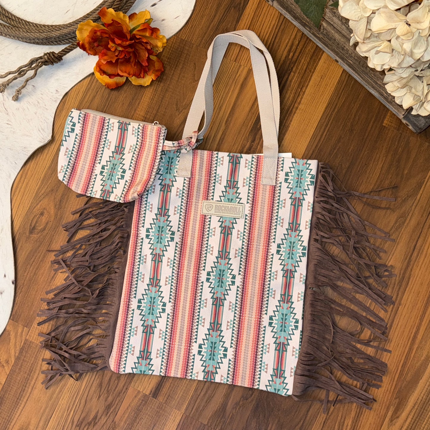 NEW Rock & Roll Denim Aztec Geo Print Fringe Canvas Tote