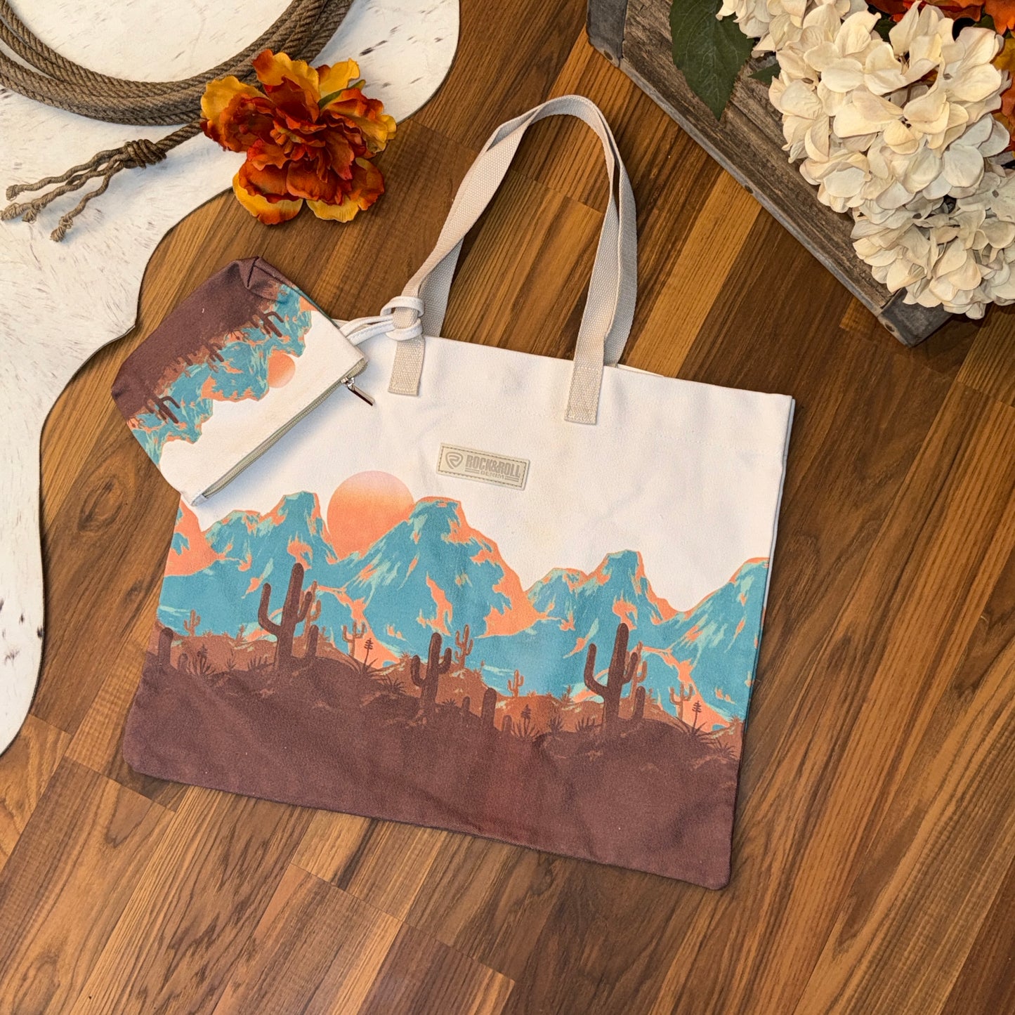 NEW Rock & Roll Denim Mountain Cactus Desert Scene Canvas Tote