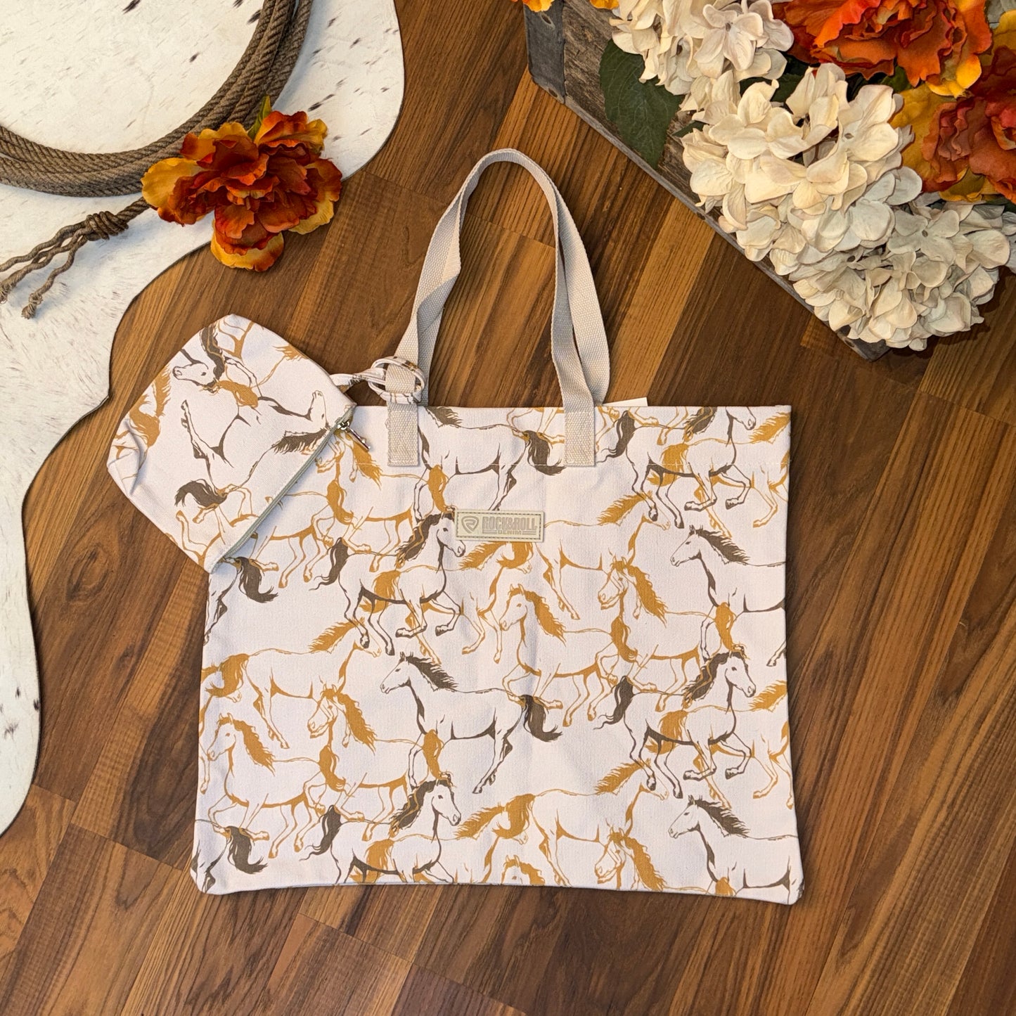 NEW Rock & Roll Denim Running Horses Canvas Tote