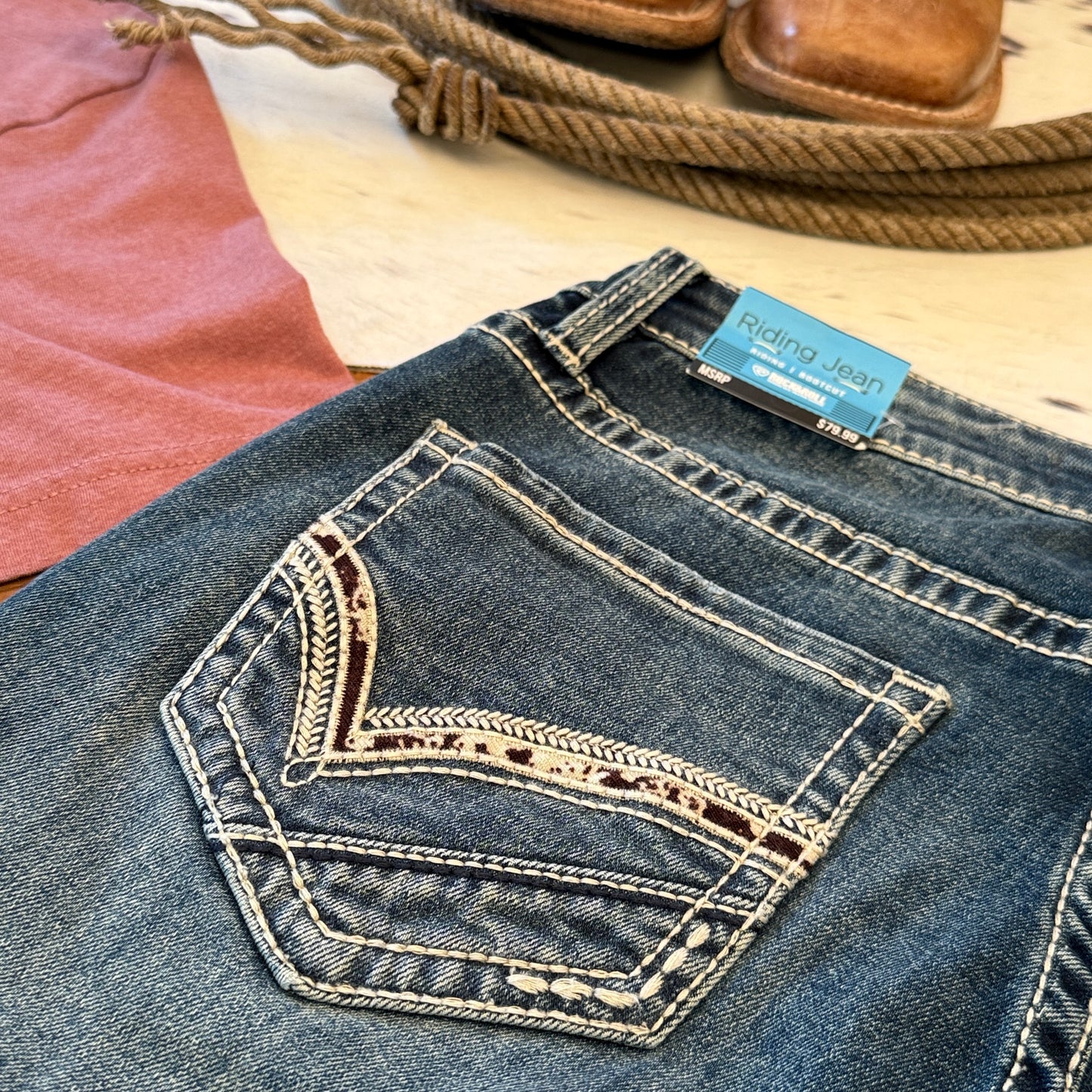 NEW Rock & Roll Denim Mid Rise Bootcut Cowhide Riding Jeans (26x34)