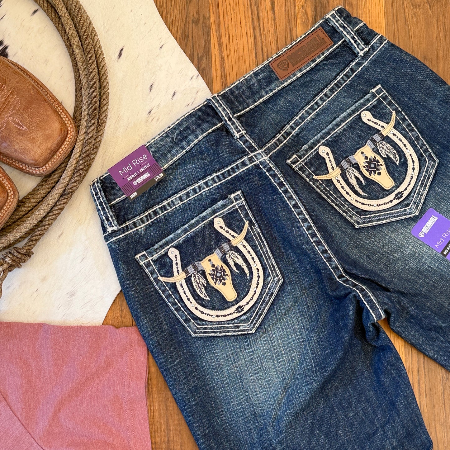 NEW Rock & Roll Denim Mid Rise Bootcut Riding Jeans Longhorn Horseshoe Pockets (26x34)