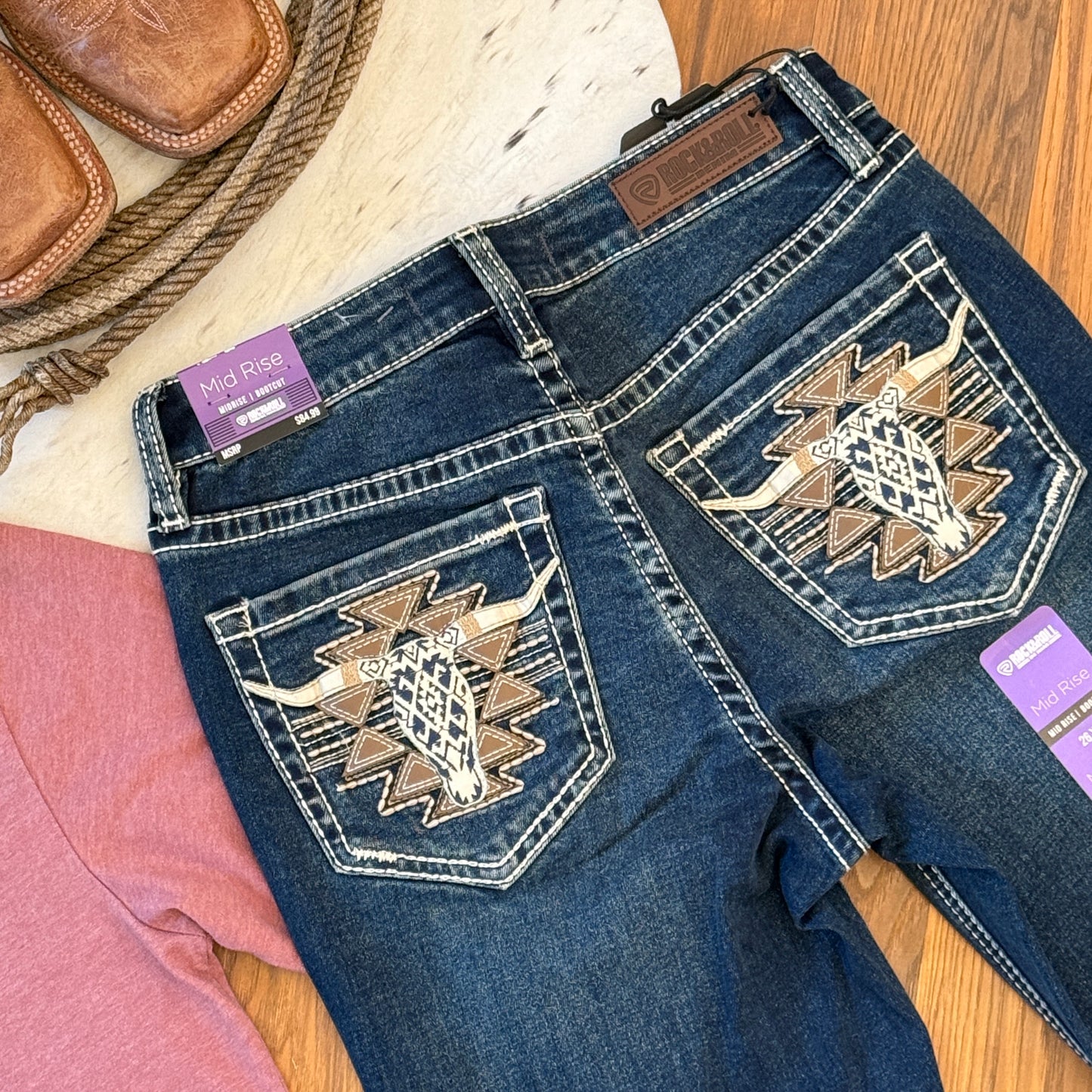 NEW Rock & Roll Denim Mid Rise Bootcut Aztec Longhorn Jeans (26x34)