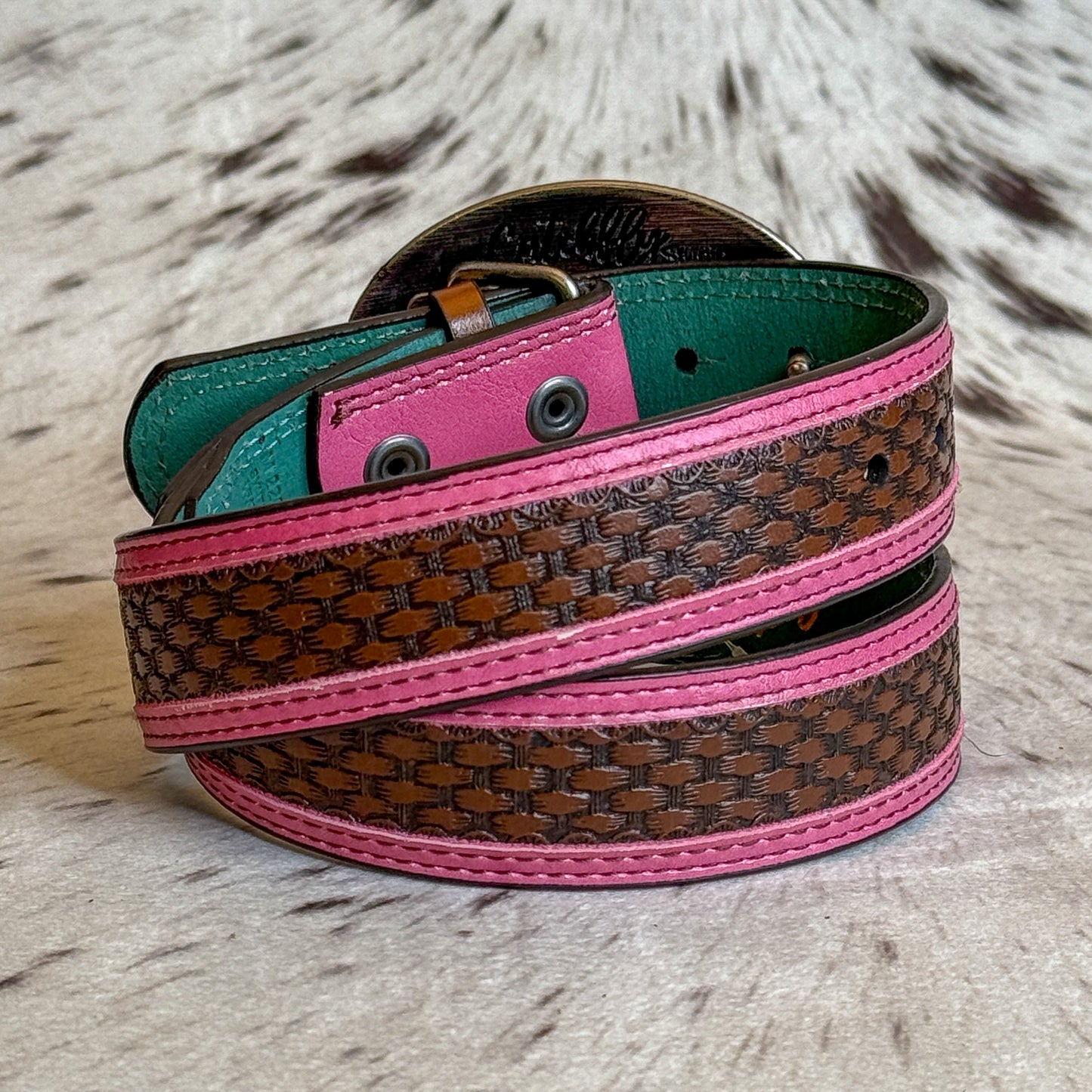 NEW Girl's Basketweave Pink Trim Western Belt Floral Buckle (Medium)