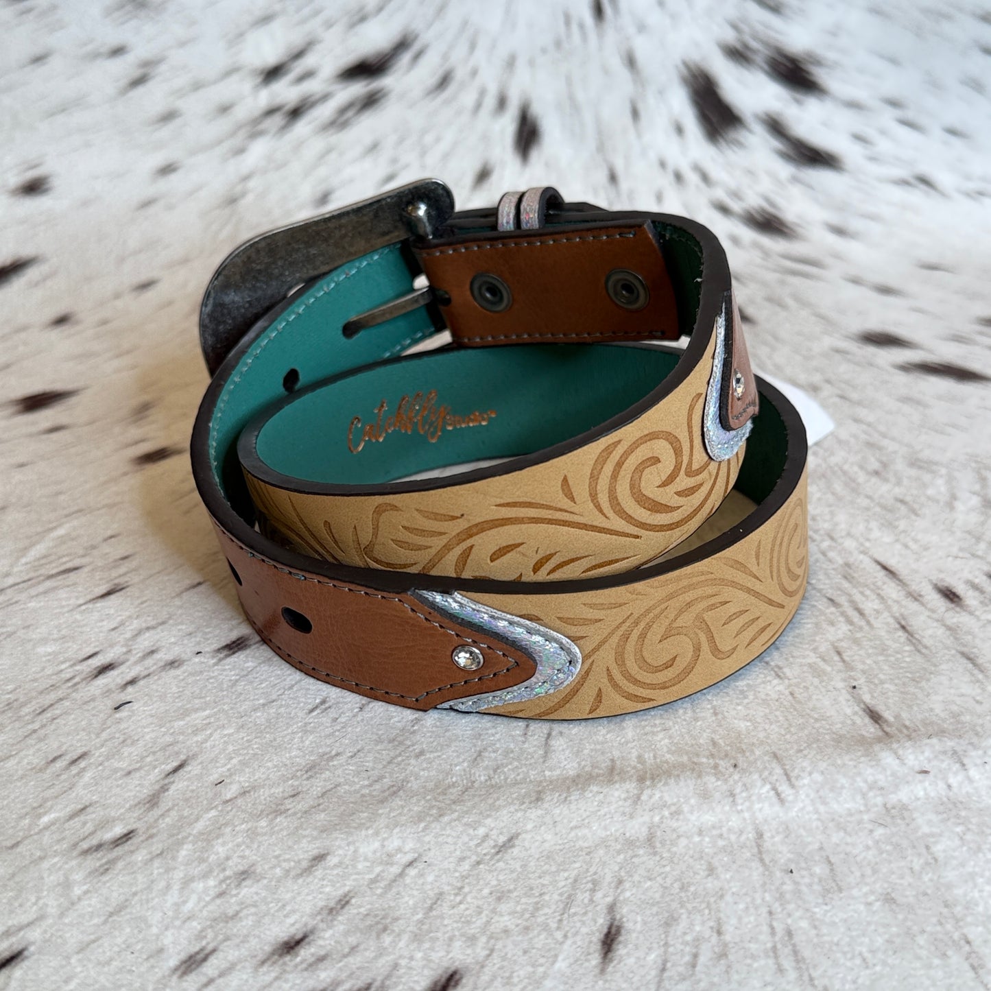 NEW Girl's Embossed Two-Tone Glitter Rhinestone Western Belt (Medium)