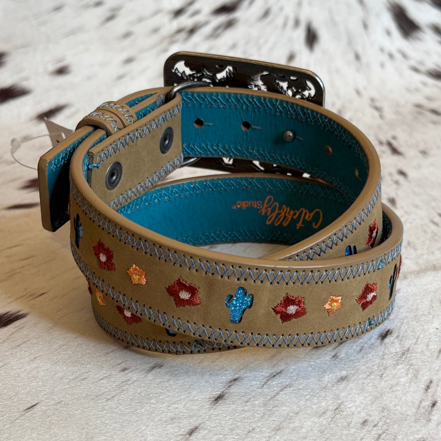 NEW Girl's Cactus Metallic Underlay Cactus Buckle Western Belt (Medium)