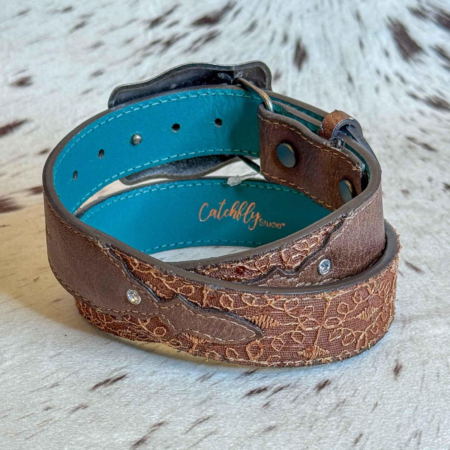 NEW Girl's Copper Lace Sequin Western Belt Steer Head Buckle (Medium)