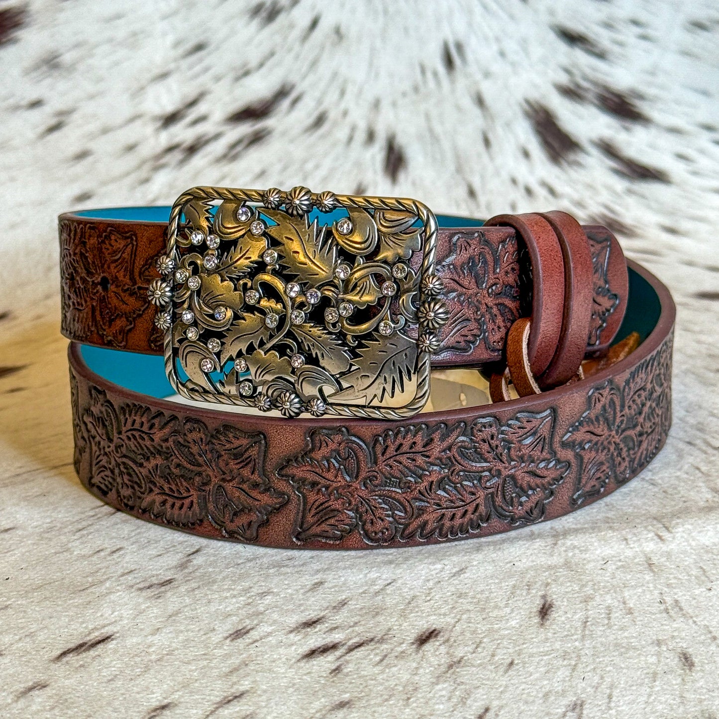 NEW Ladies Leafy Genuine Leather Belt Rhinestone Western Buckle (Medium)