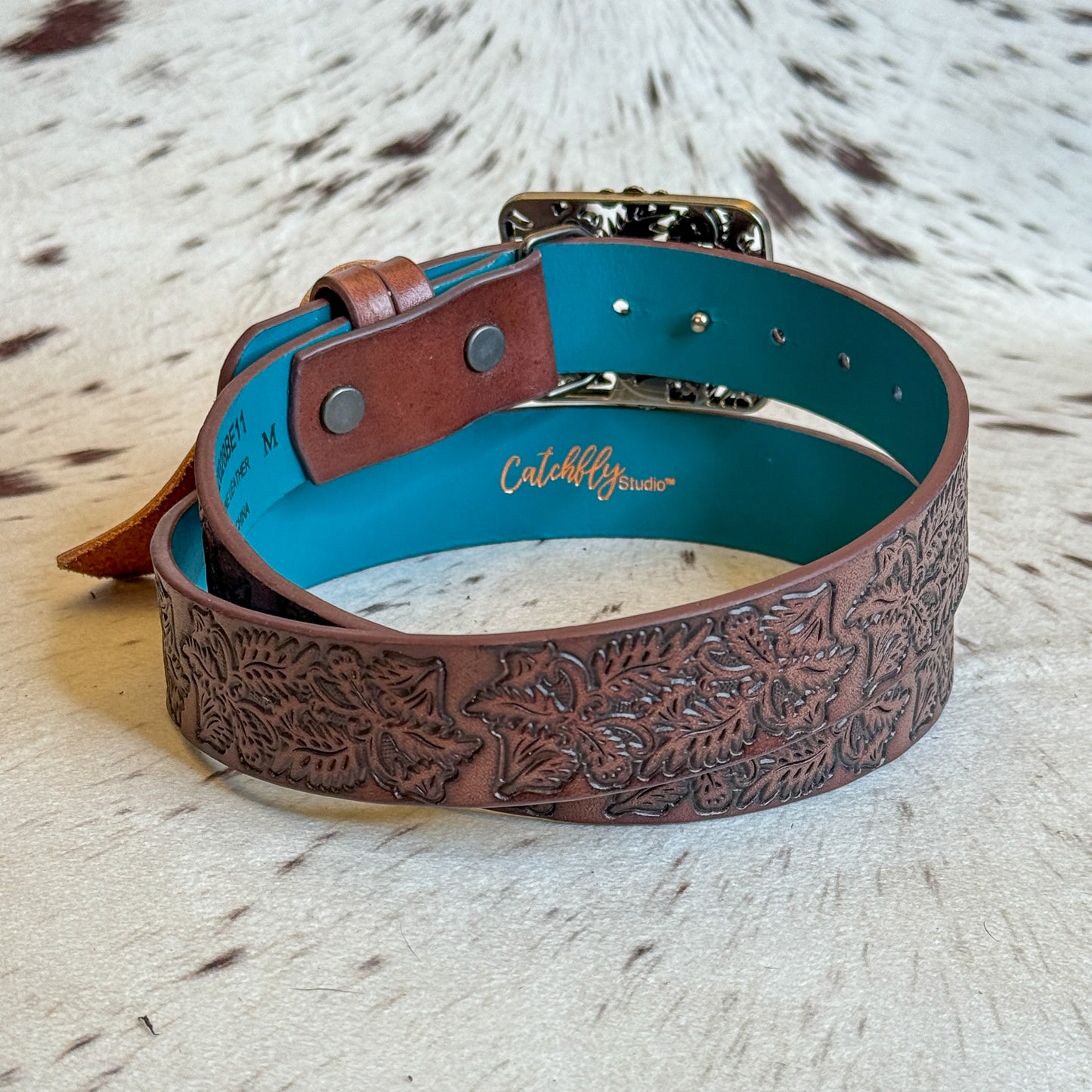 NEW Ladies Leafy Genuine Leather Belt Rhinestone Western Buckle (Medium)