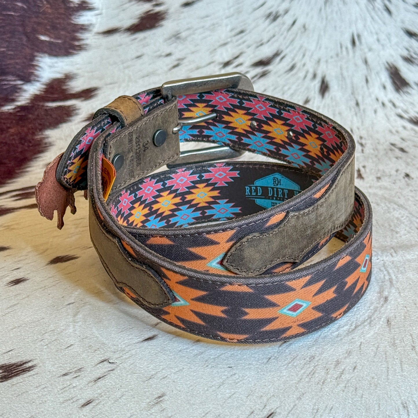 NEW Men's Aztec Fabric & Genuine Oiled Leather Western Belt (34)