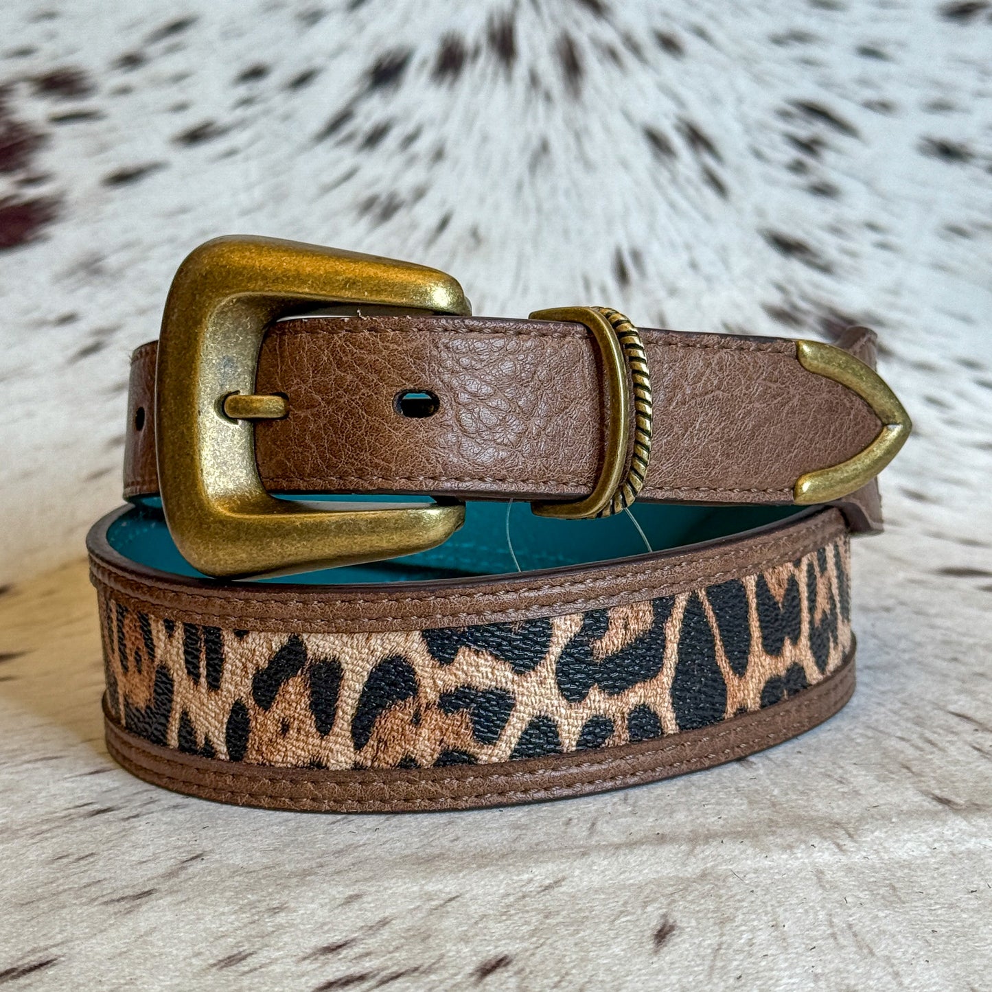NEW Ladies Tapered Leopard Western Brass Buckle Belt (Medium)