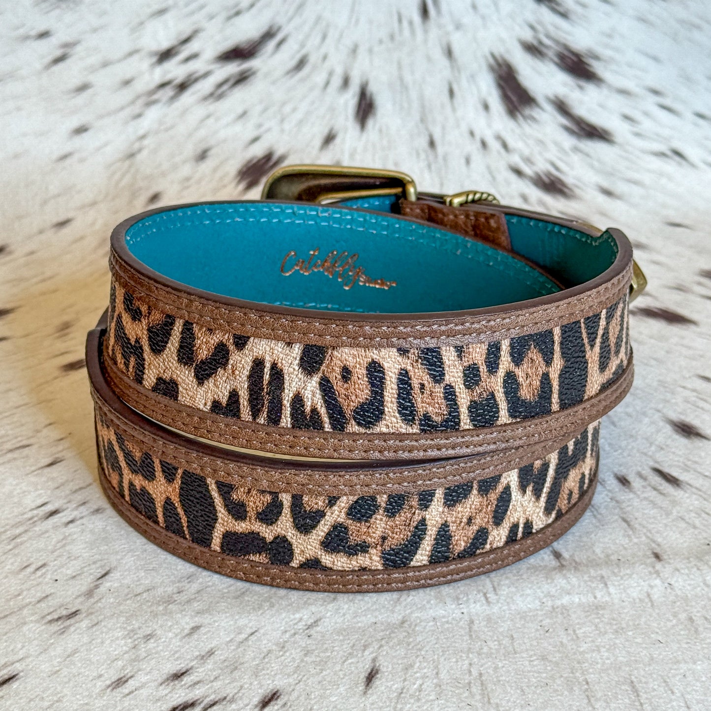 NEW Ladies Tapered Leopard Western Brass Buckle Belt (Medium)