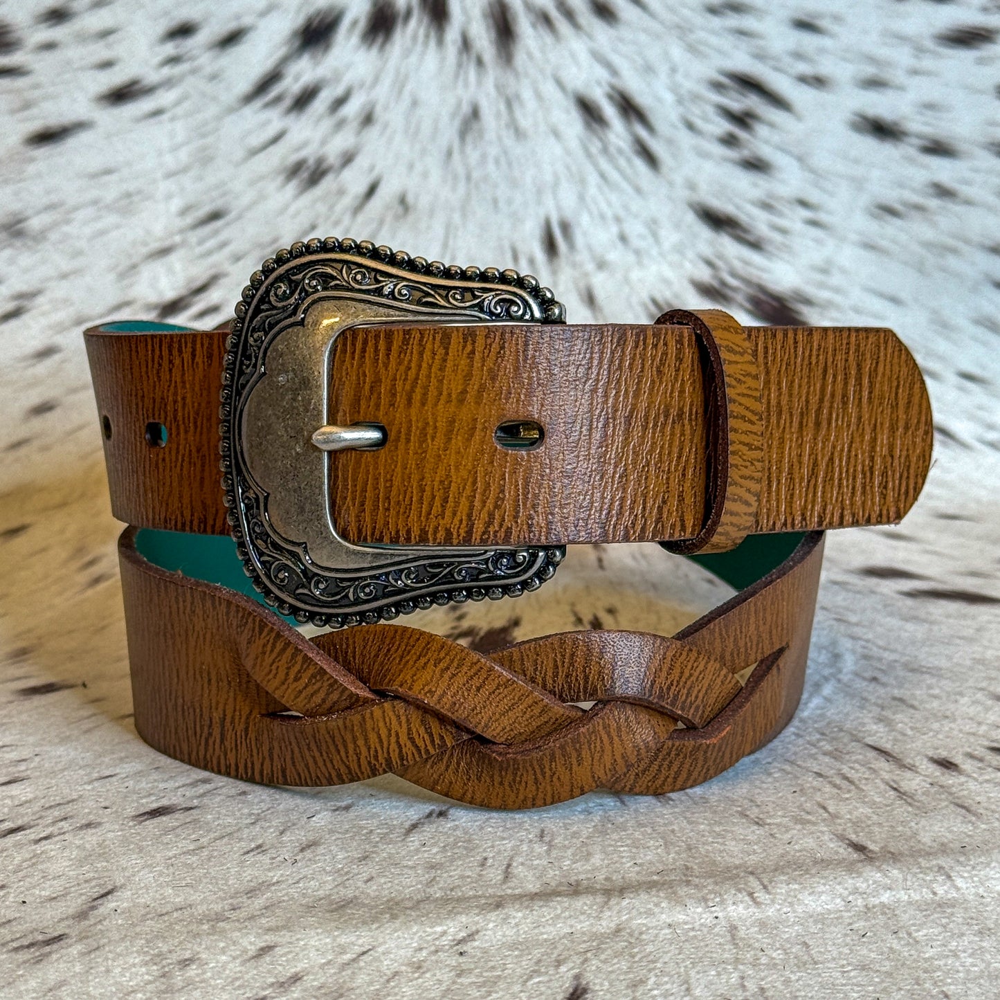 NEW Ladies Brown Braided Textured Belt Floral Buckle (Medium)