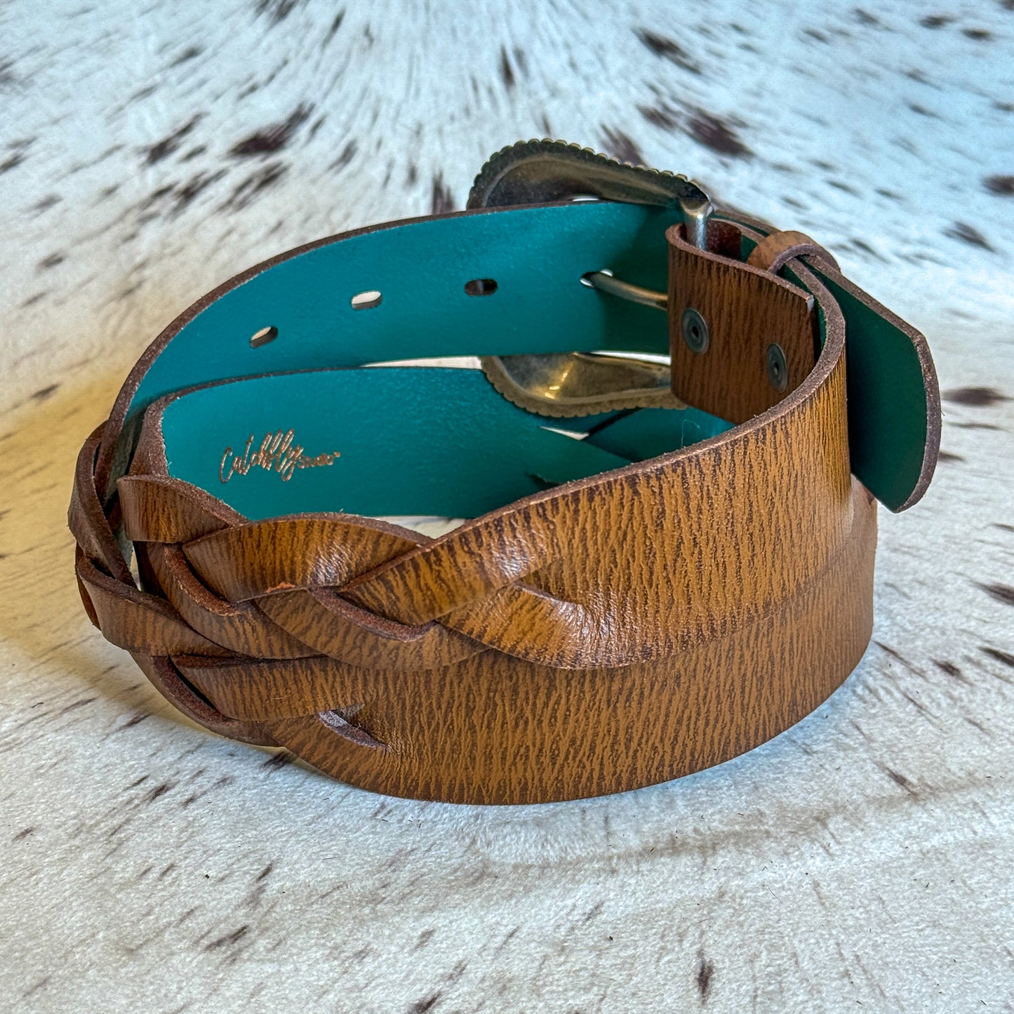 NEW Ladies Brown Braided Textured Belt Floral Buckle (Medium)