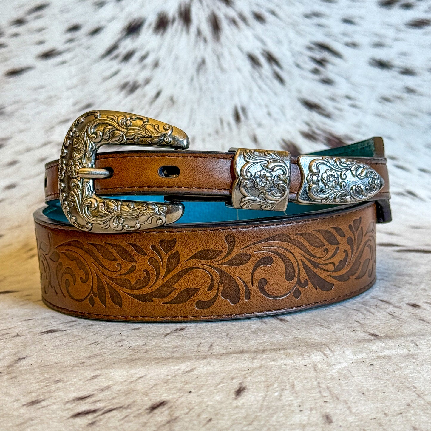 NEW Ladies Embossed Tapered Western Belt 3 Piece Buckle Set (Medium)