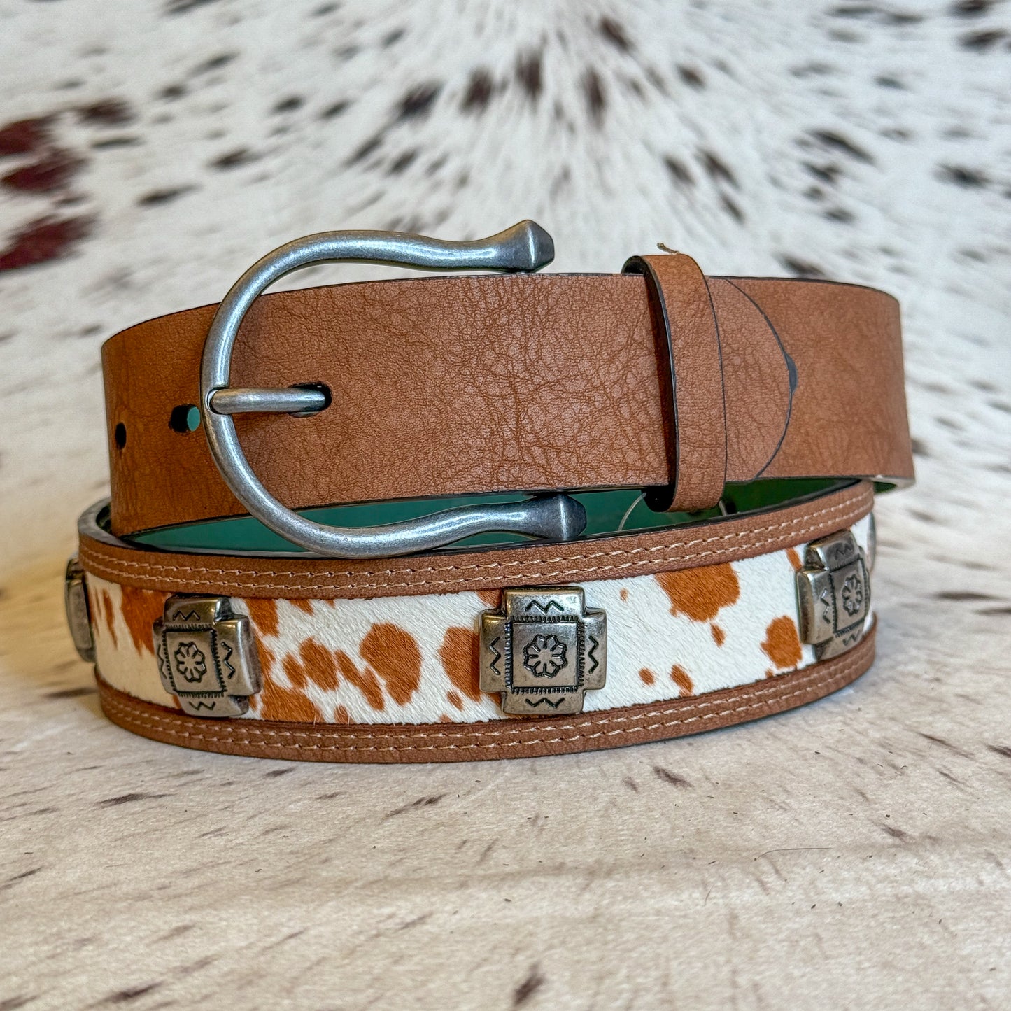 NEW Ladies Brown Hide Inlay Concho Western Belt (Medium)