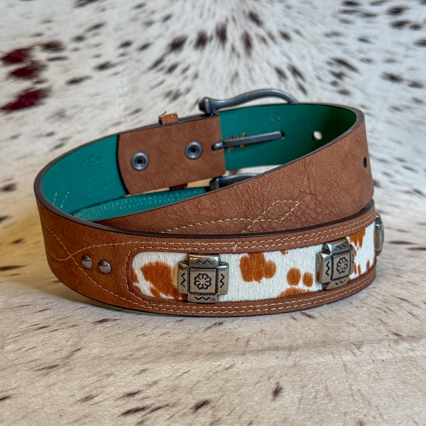 NEW Ladies Brown Hide Inlay Concho Western Belt (Medium)