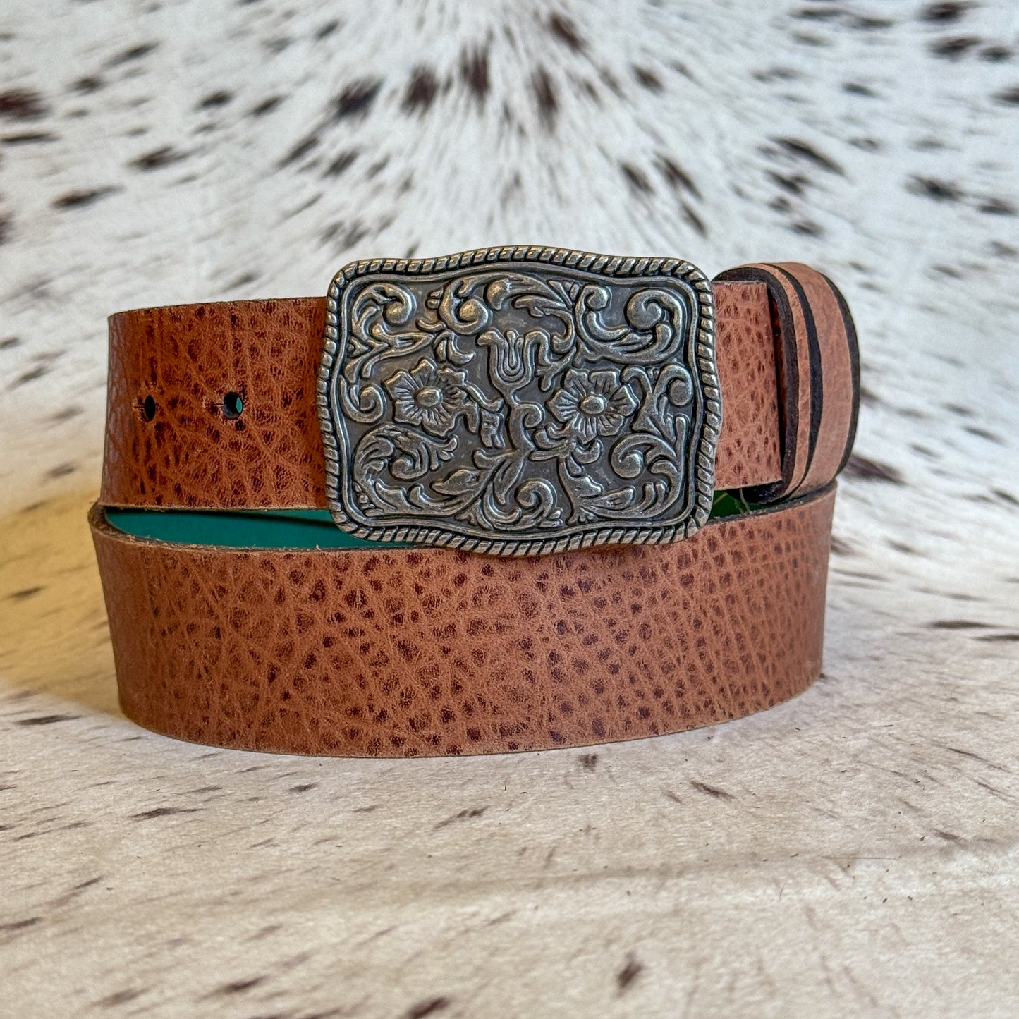 NEW Ladies Brown Textured 100% Leather Western Belt Floral Buckle (Medium)