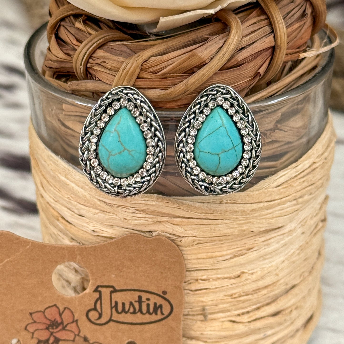 NEW Justin Turquoise Teardrop Concho Western Earrings
