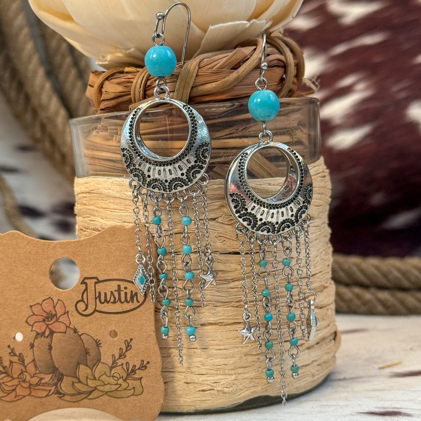 NEW Justin Beaded Chain Charm Western Earrings