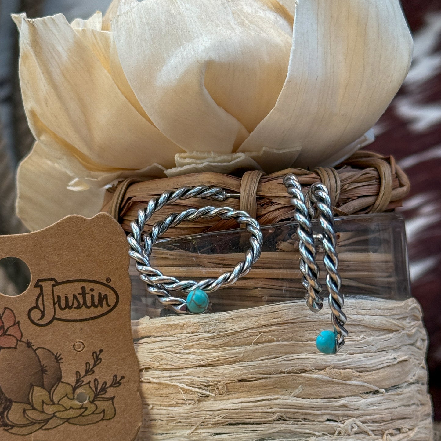 NEW Justin Silver Rope Turquoise Western Hoop Earrings