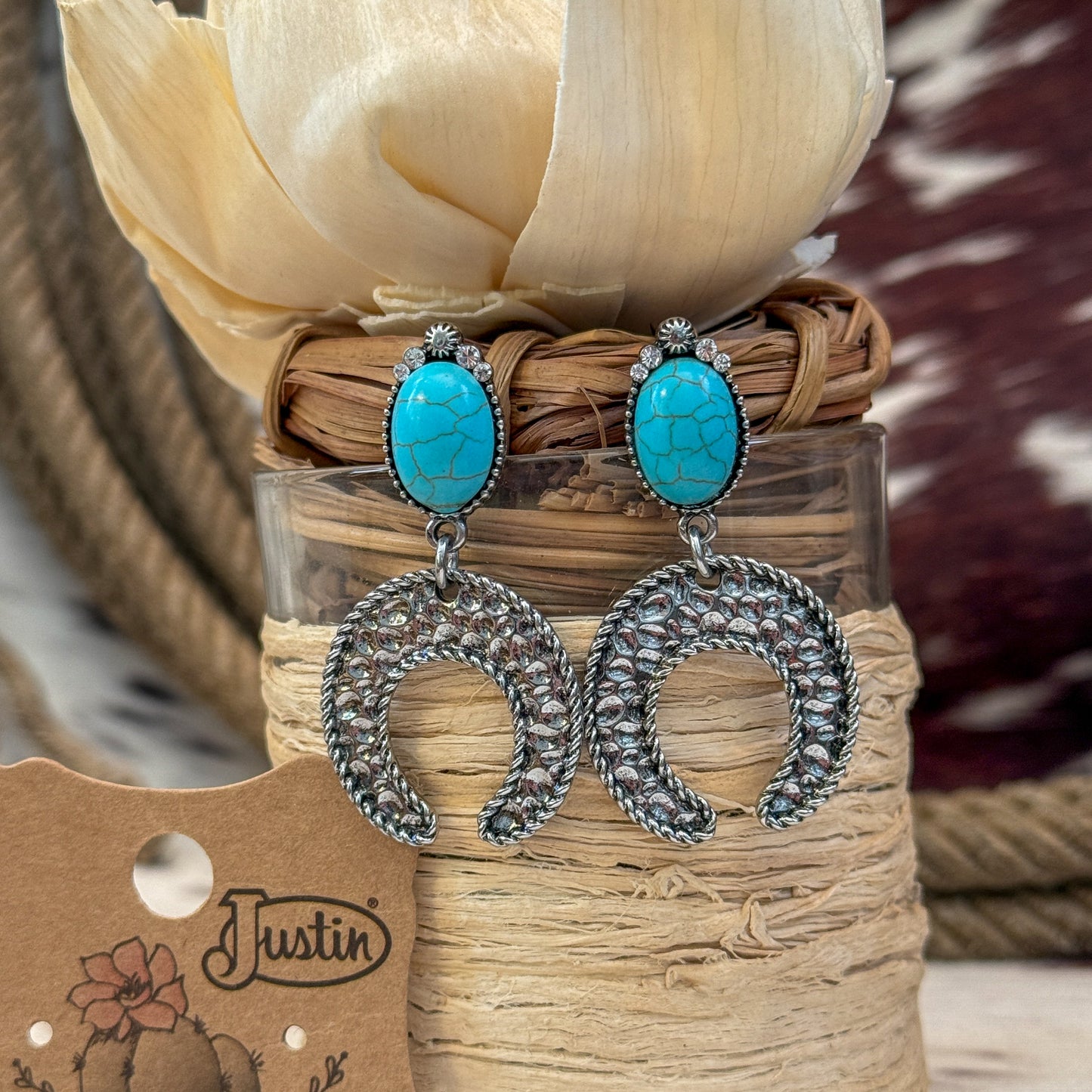 NEW Justin Hammered Naja Charm Turquoise Western Earrings