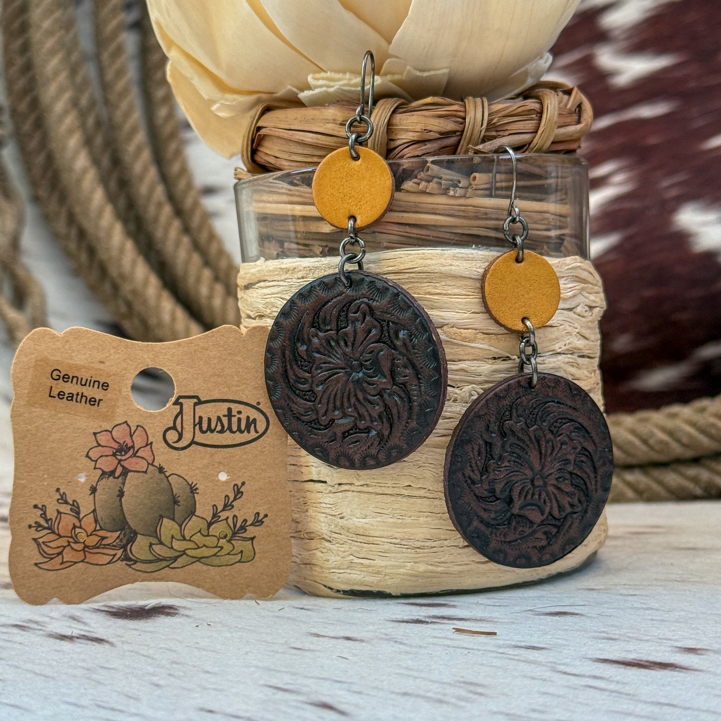 NEW Justin Embossed Leather & Gold Disk Western Earrings
