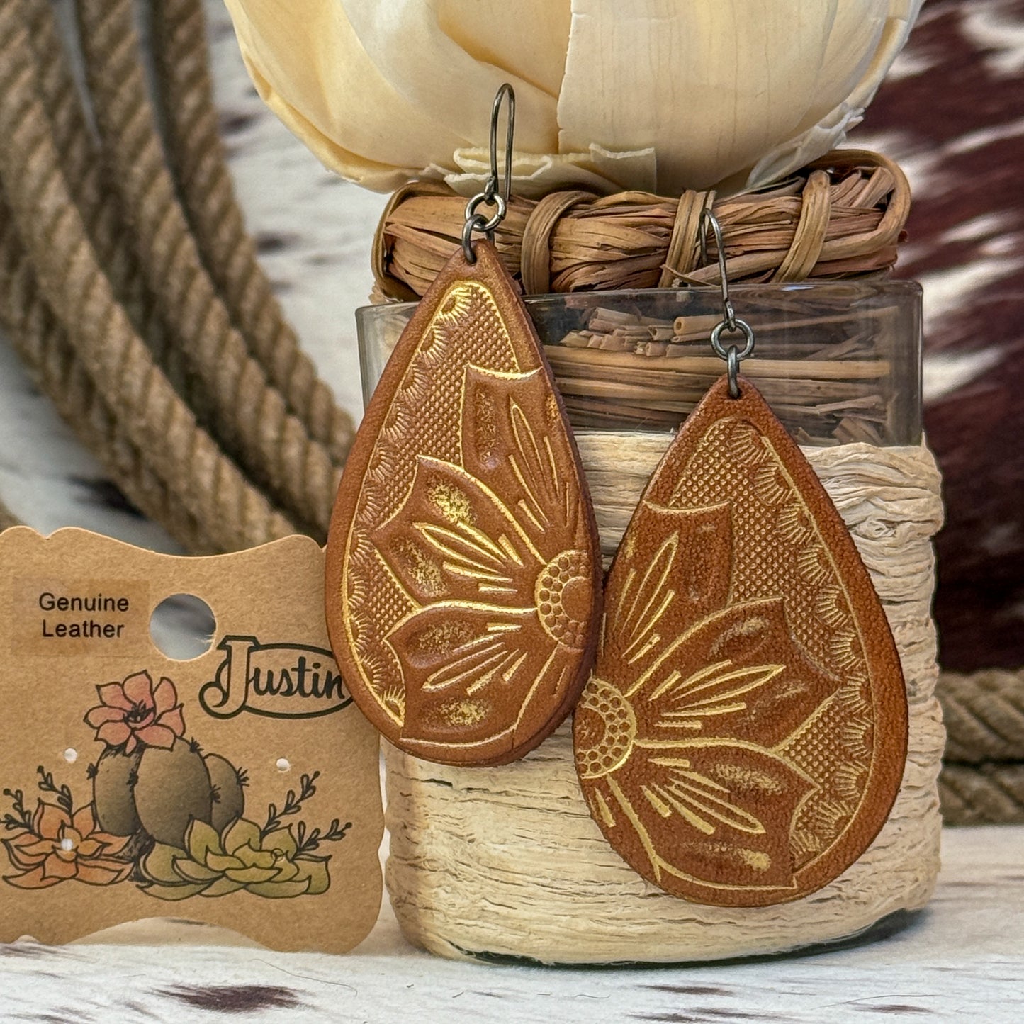 NEW Justin Tooled Sunflower Genuine Leather Western Earrings