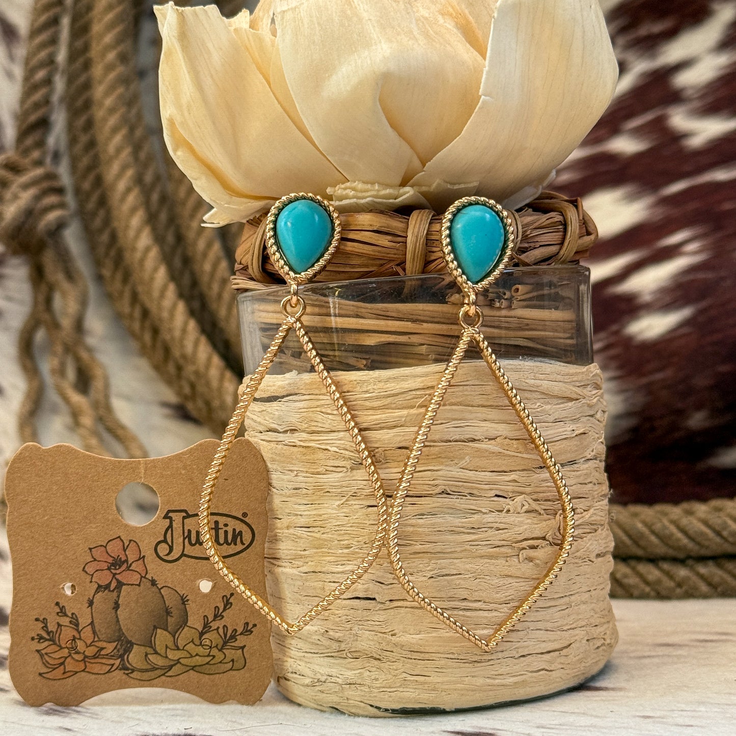 NEW Justin Turquoise Teardrop Rope Western Earrings