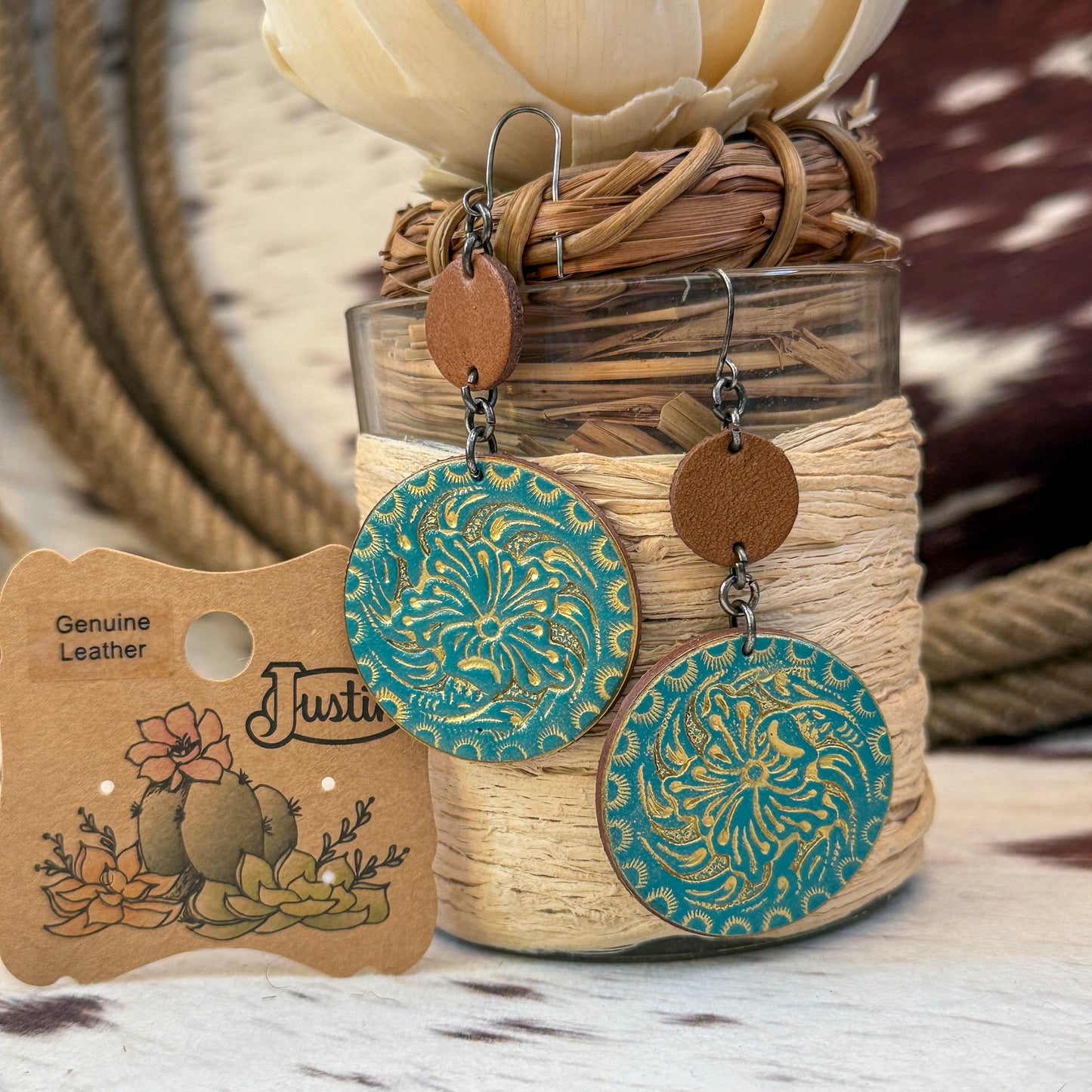 NEW Justin Tooled Leather Turquoise & Gold Disk Western Earrings