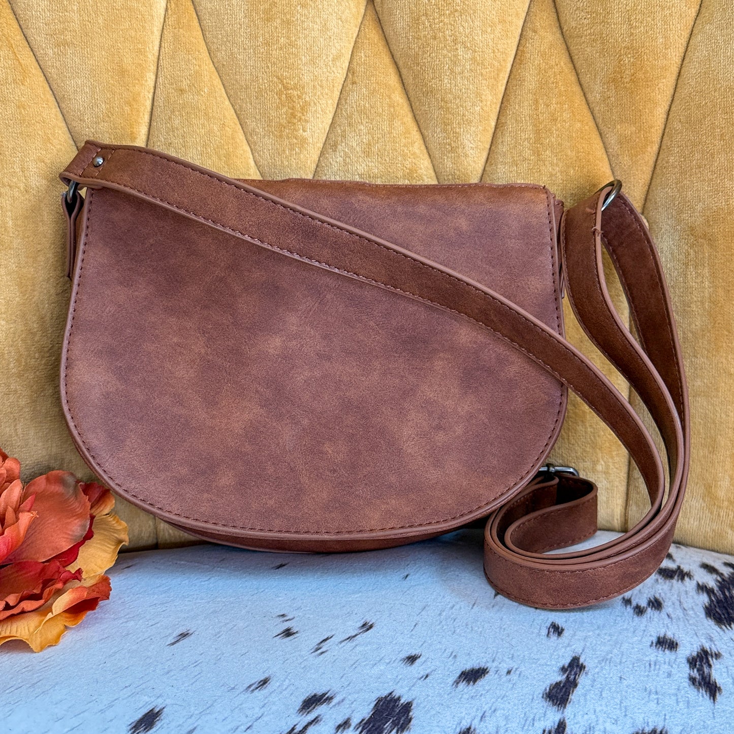 NEW Catchfly Genuine Hair-On Hide Patchwork Denim Inlay Crossbody Saddlebag Purse