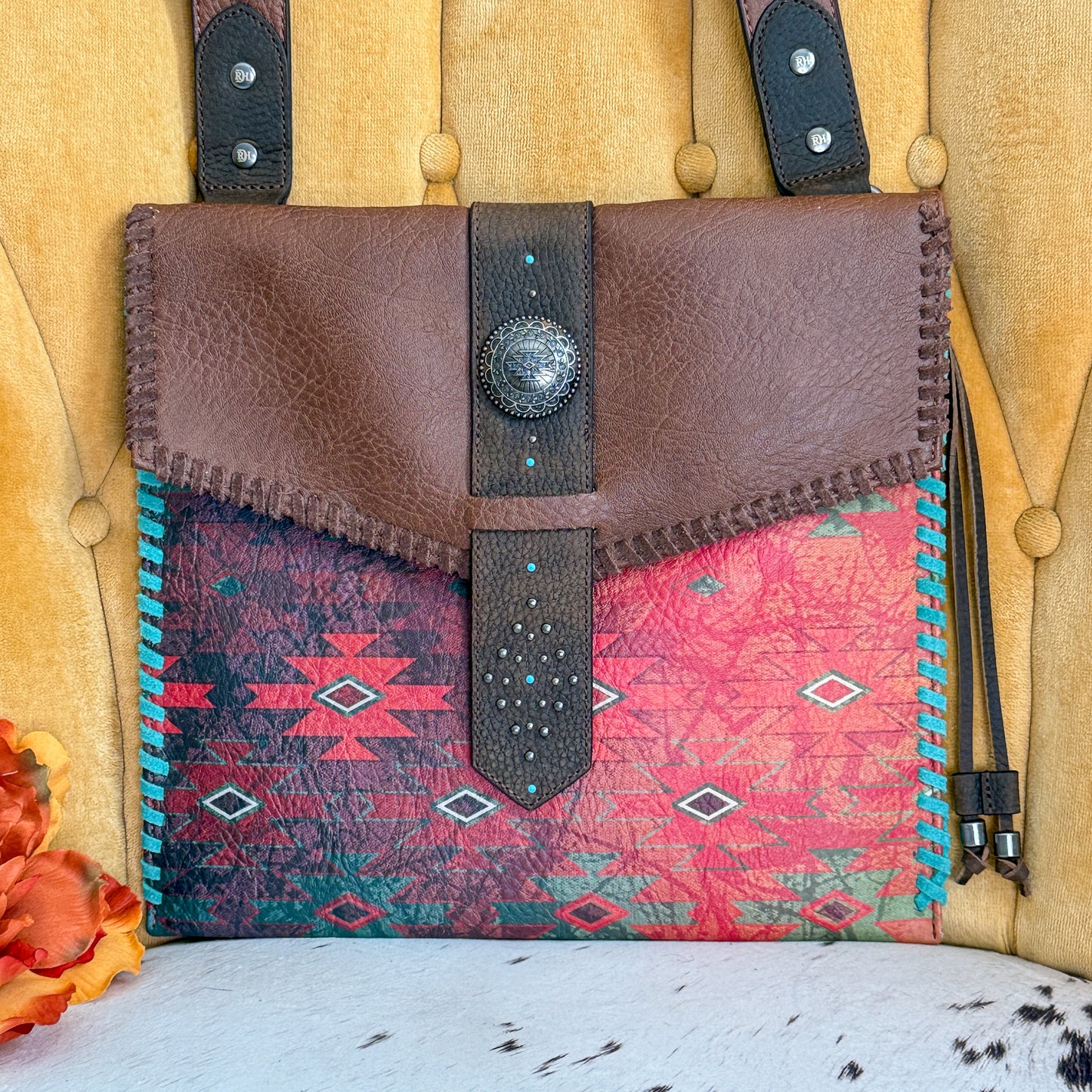 NEW Red Dirt Hat Co Aztec Print Leather Whipstitch Crossbody Purse