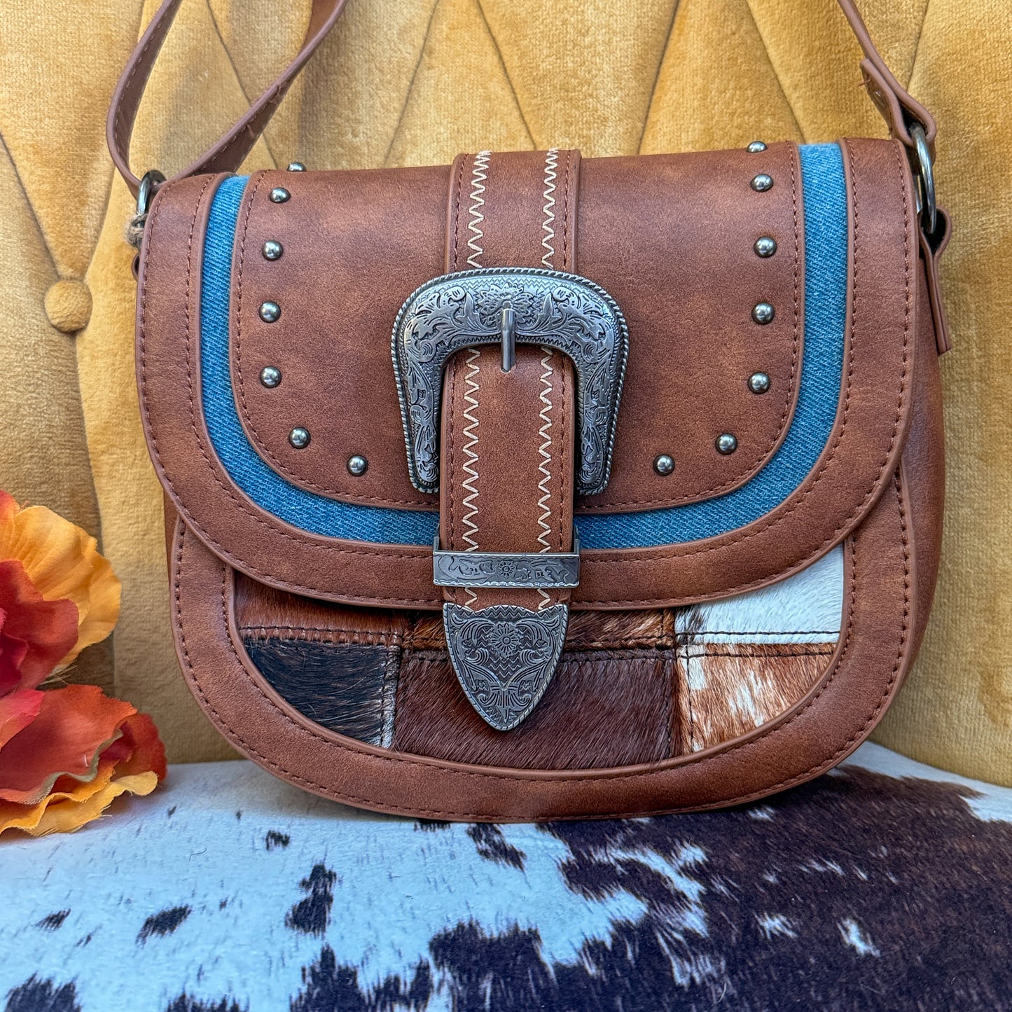 NEW Catchfly Genuine Hair-On Hide Patchwork Denim Inlay Crossbody Saddlebag Purse