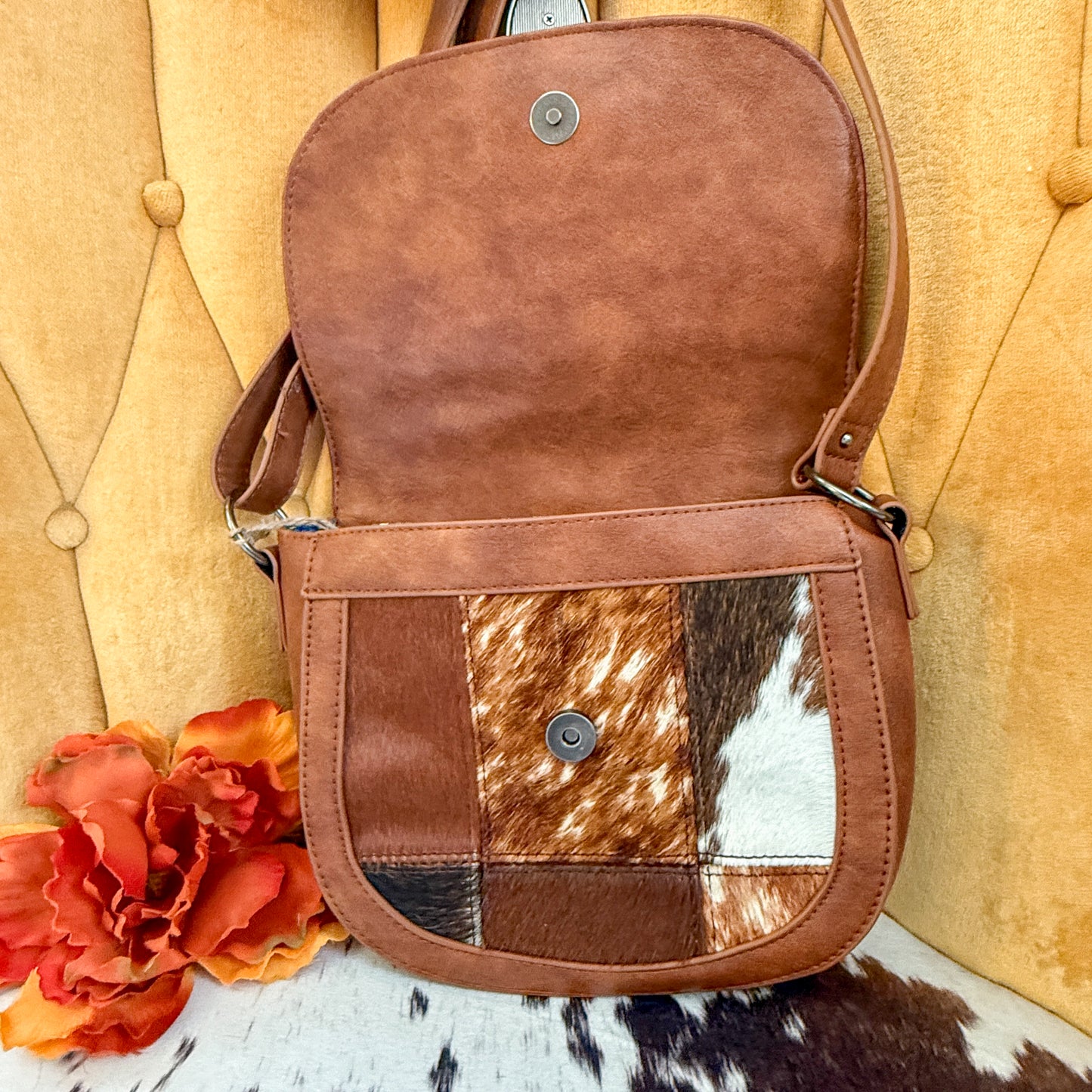 NEW Catchfly Genuine Hair-On Hide Patchwork Denim Inlay Crossbody Saddlebag Purse
