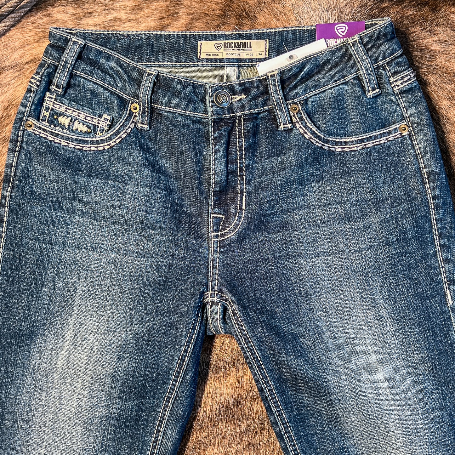 NEW Rock & Roll Denim Mid Rise Bootcut Longhorn Riding Jeans (26x34)