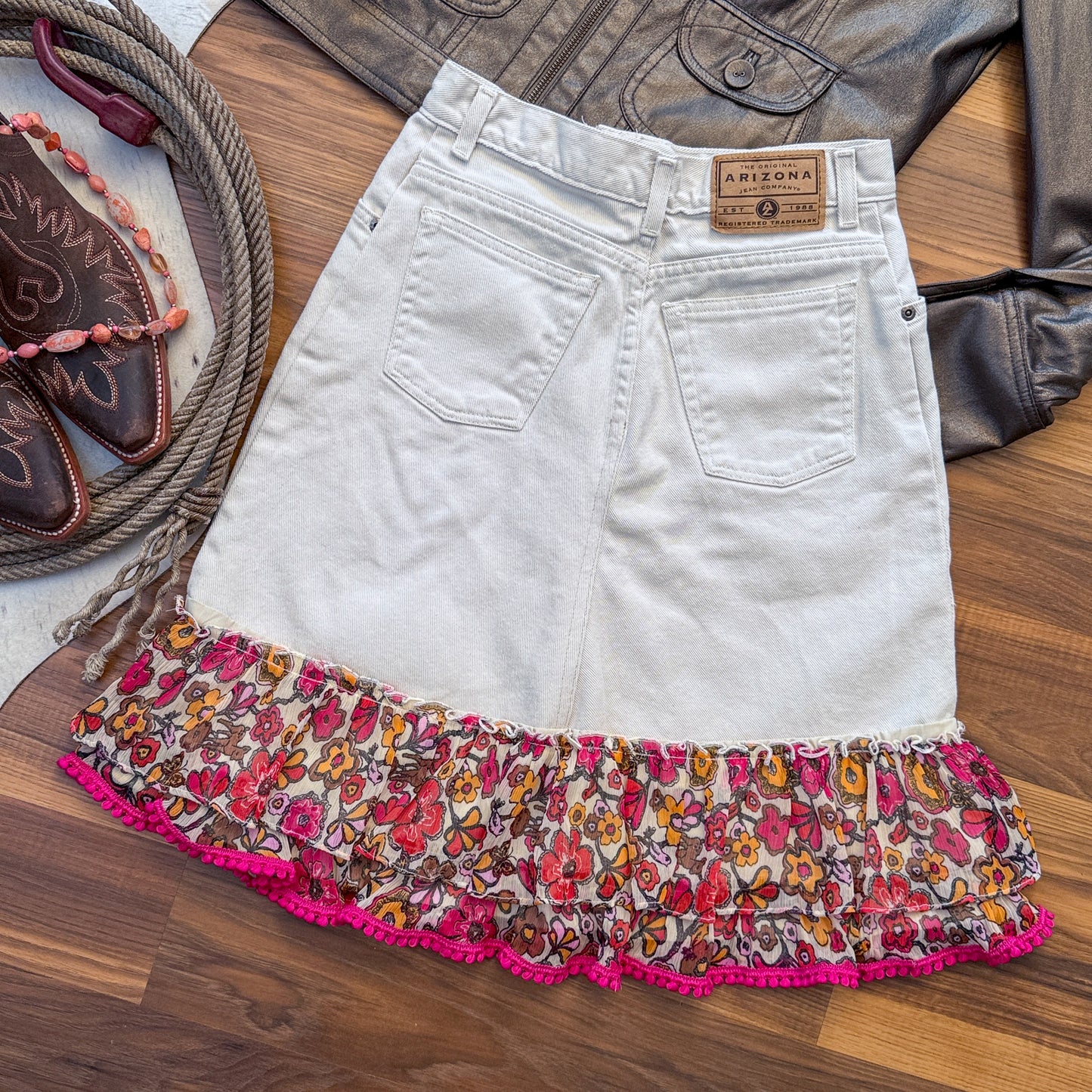 Denim Skirt with Floral Mini Pom Pom Ruffle Hem – XS