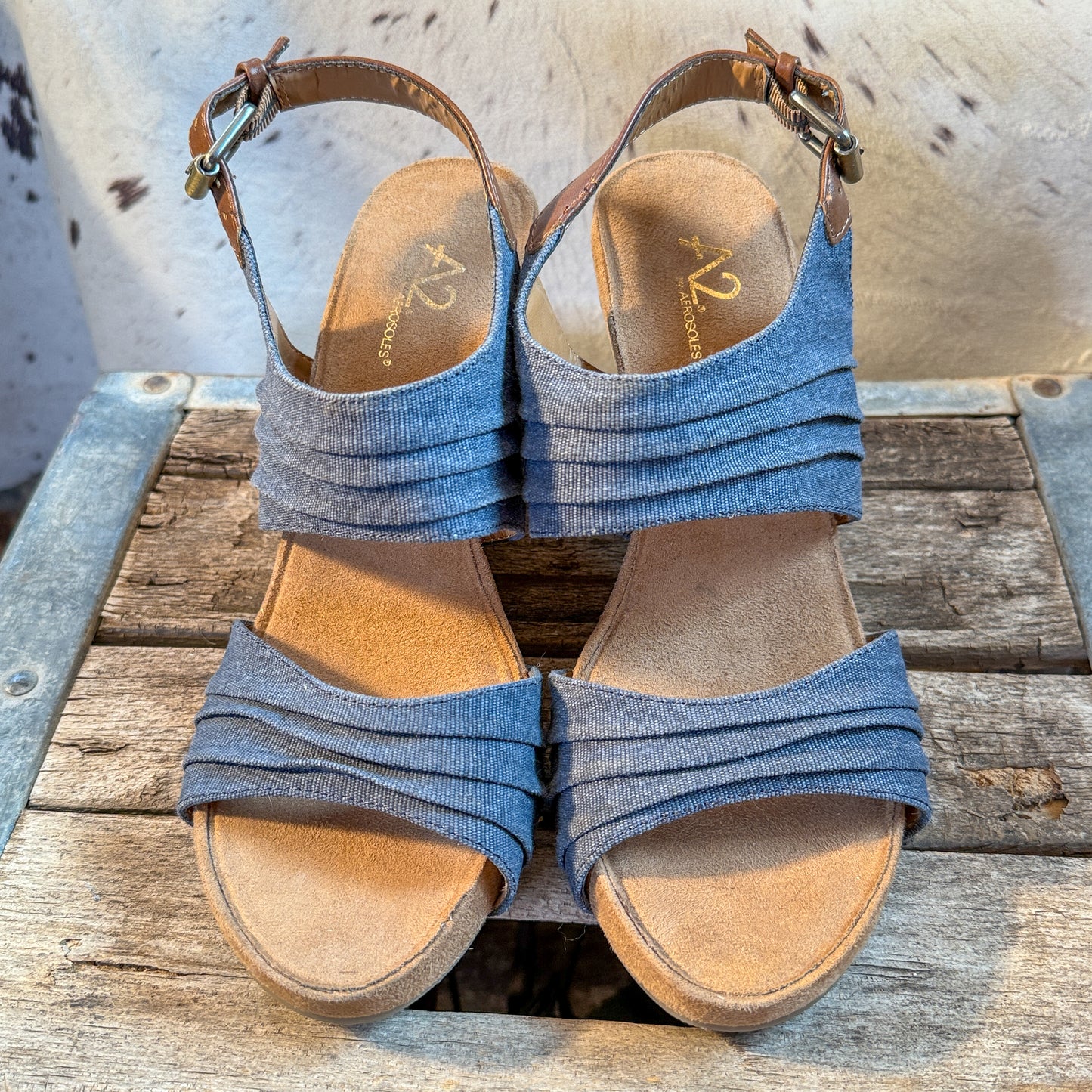 A2 Aerosoles Plush Denim Wedge Sandals | Size 8.5