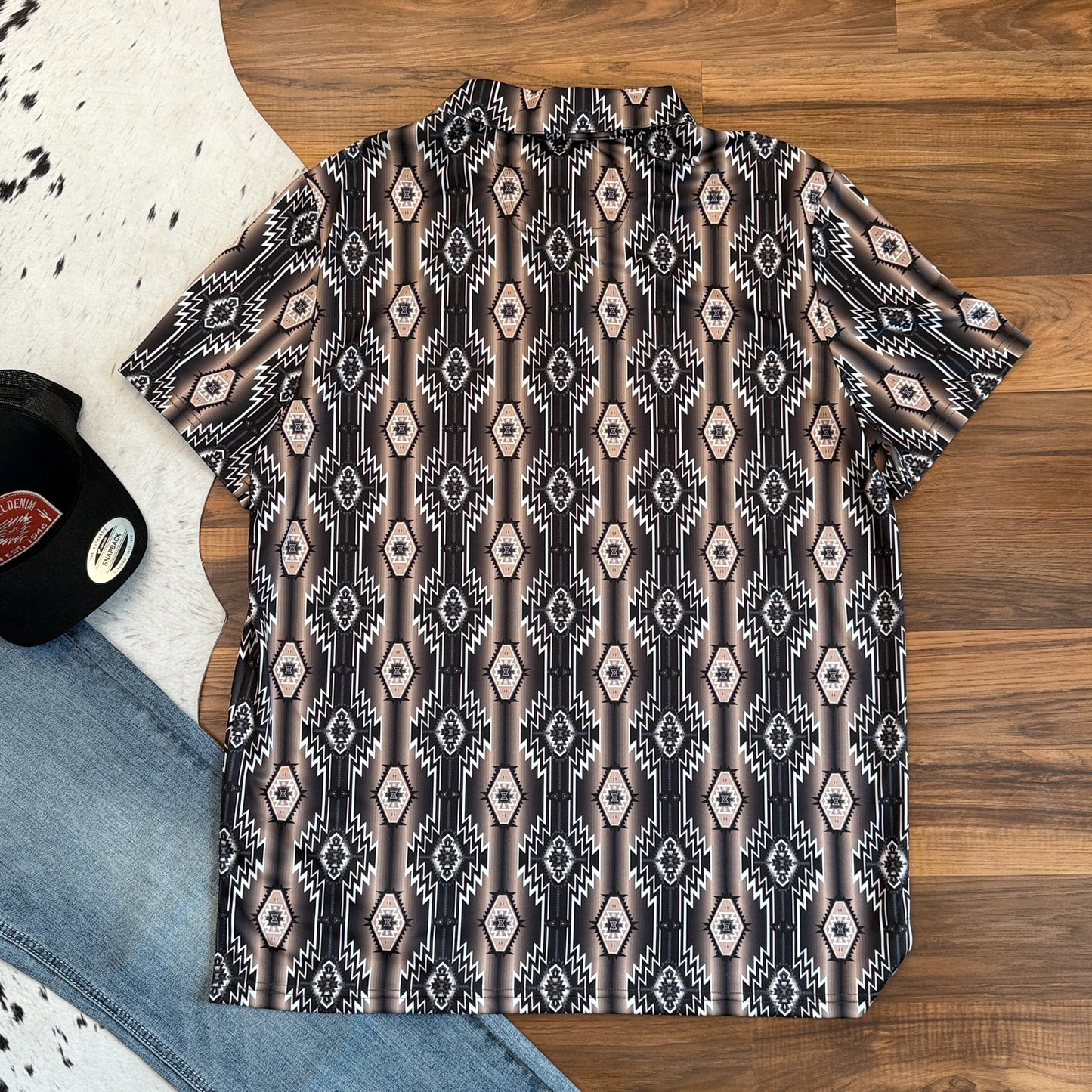 NEW Rock & Roll Denim Southwestern Print Polo – Black & Brown (L)