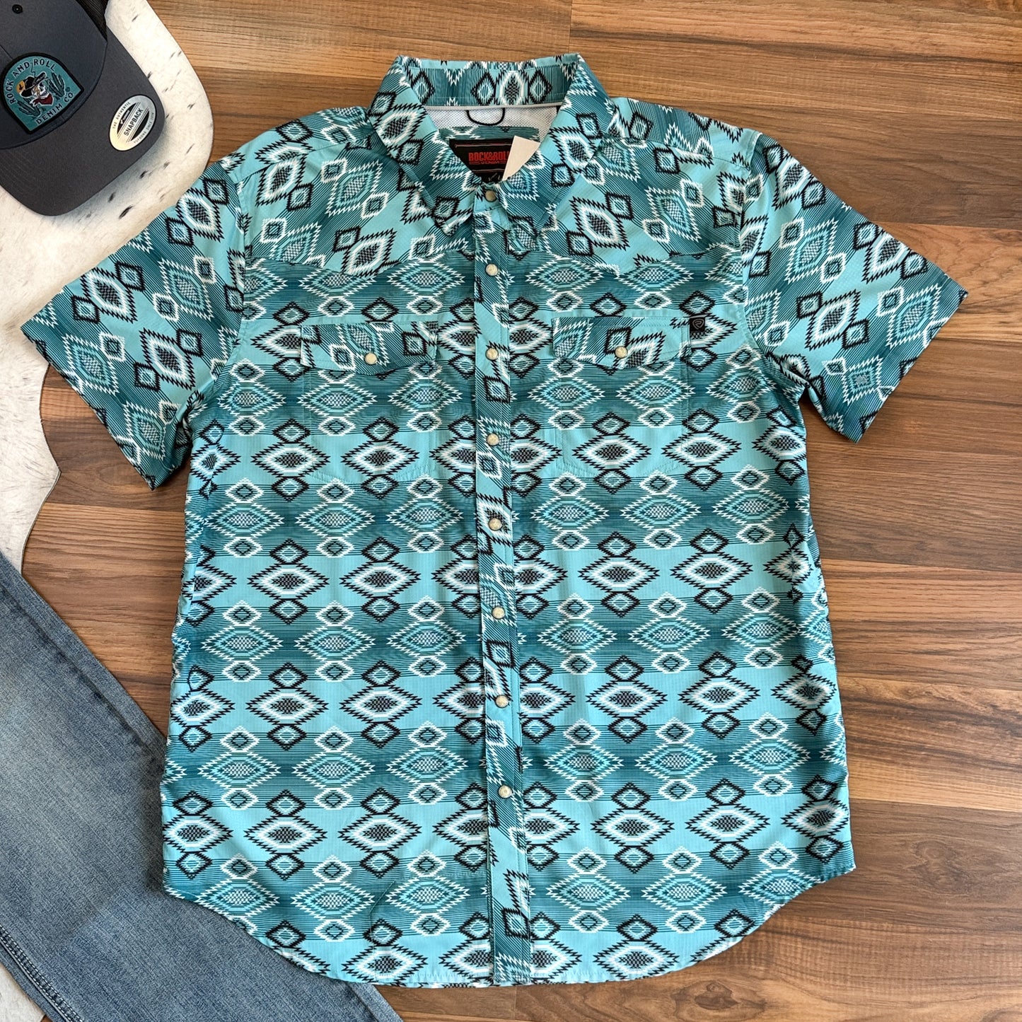 NEW Rock & Roll Denim Tek Western Turquoise Aztec Pearl Snap Shirt (L)