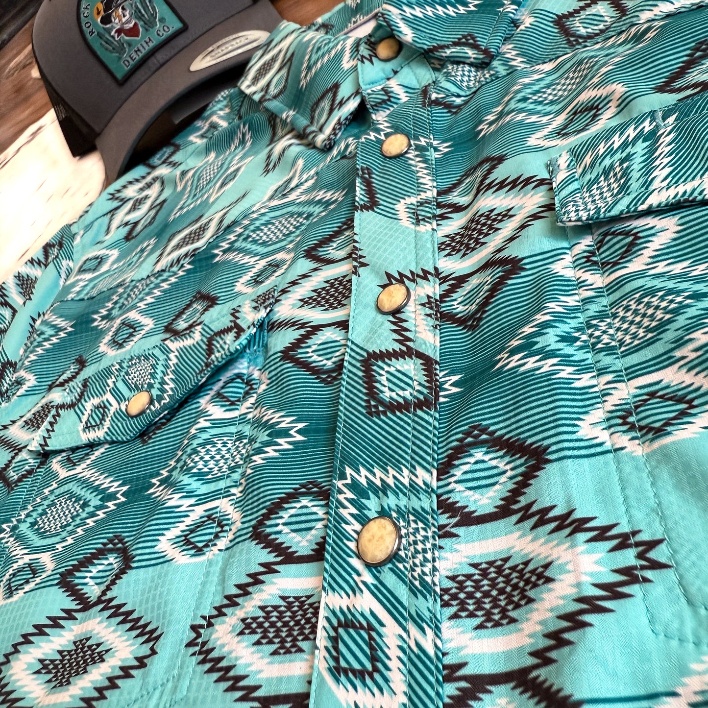 NEW Rock & Roll Denim Tek Western Turquoise Aztec Pearl Snap Shirt (L)