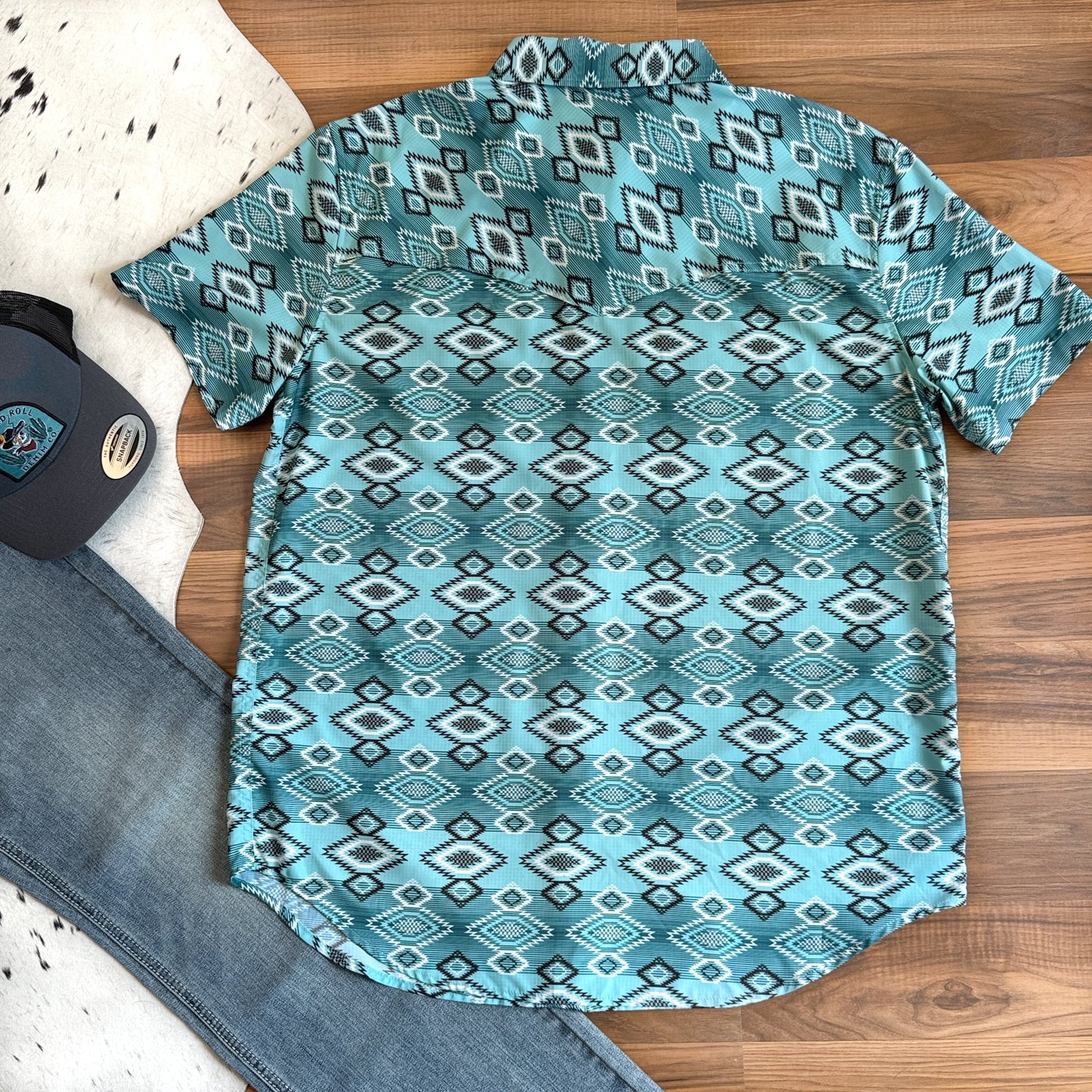NEW Rock & Roll Denim Tek Western Turquoise Aztec Pearl Snap Shirt (L)
