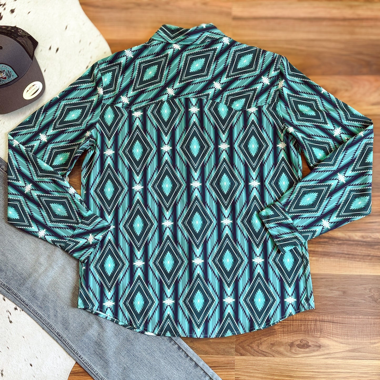 NEW Panhandle Slim Turquoise Aztec Performance Pearl Snap Shirt (L)