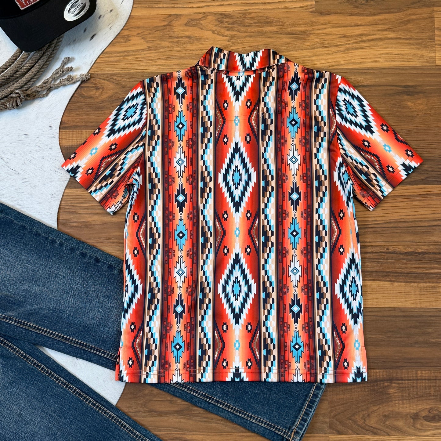 NEW Rock & Roll Denim Boys Orange Aztec Print Western Polo (M)