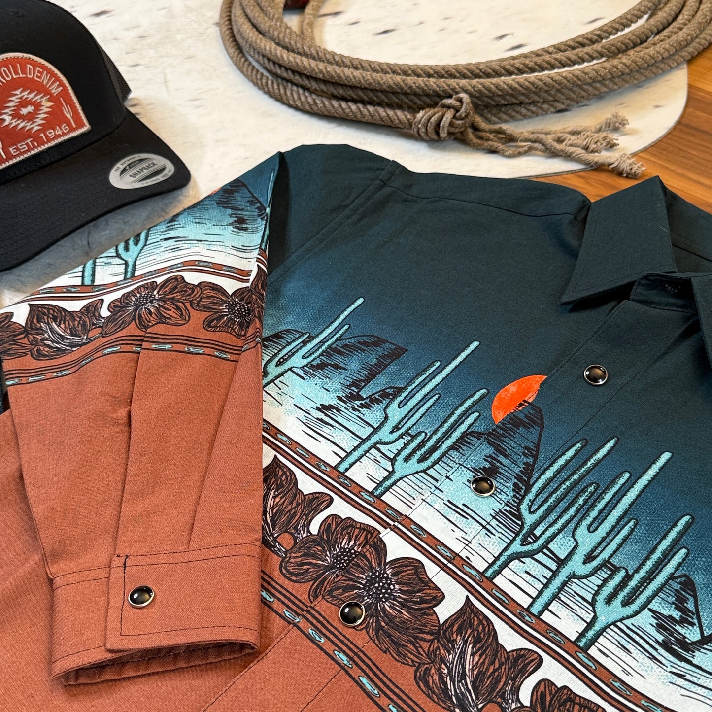 NEW Panhandle Boys Pearl Snap Cactus Desert Shirt Long Sleeve (M/10)