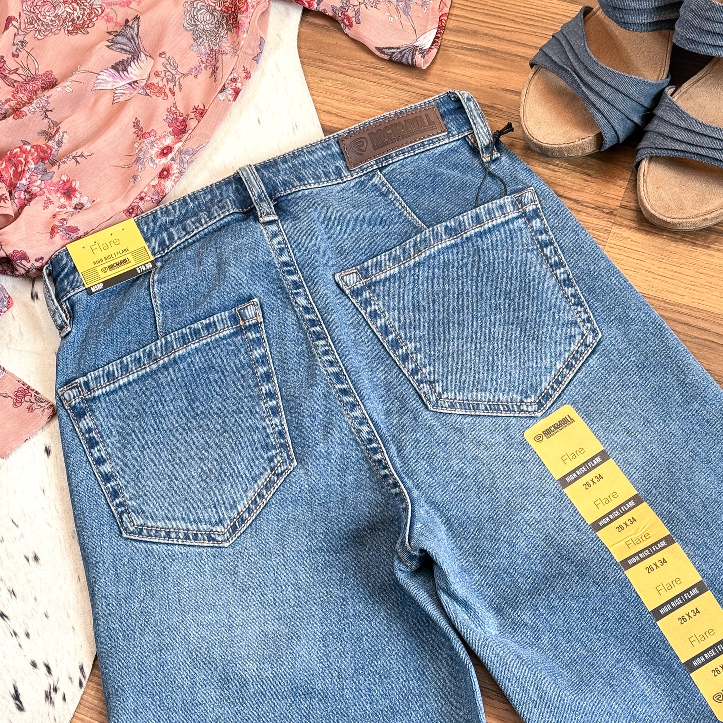NEW Rock & Roll Denim High Rise Relaxed Flare Jeans – Patch Front Pockets (26x34)