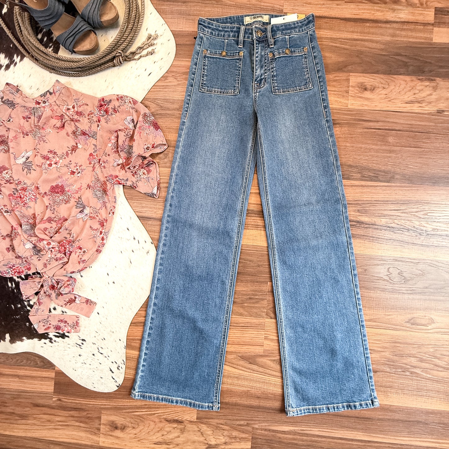 NEW Rock & Roll Denim High Rise Relaxed Flare Jeans – Patch Front Pockets (26x34)