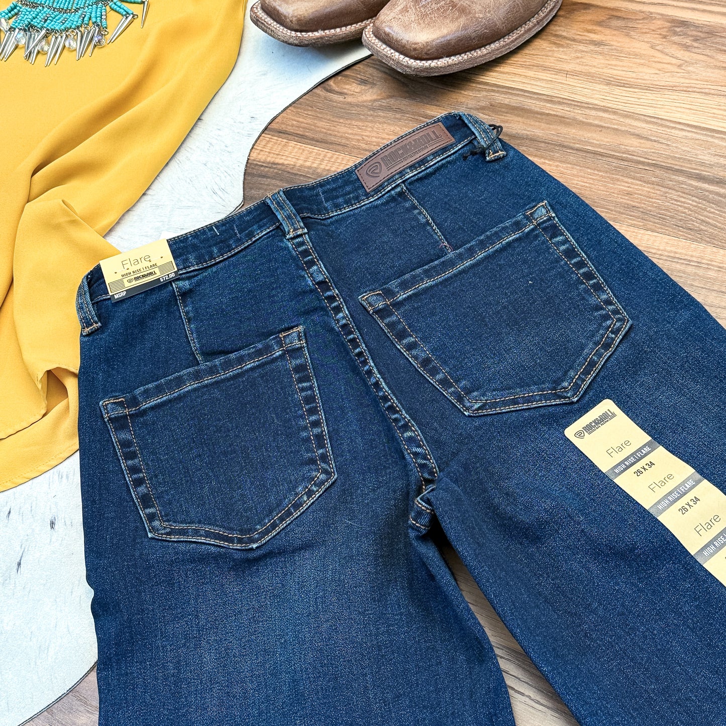 NEW Rock & Roll Denim High Rise Relaxed Flare Jeans – Slant Pockets (26x34)