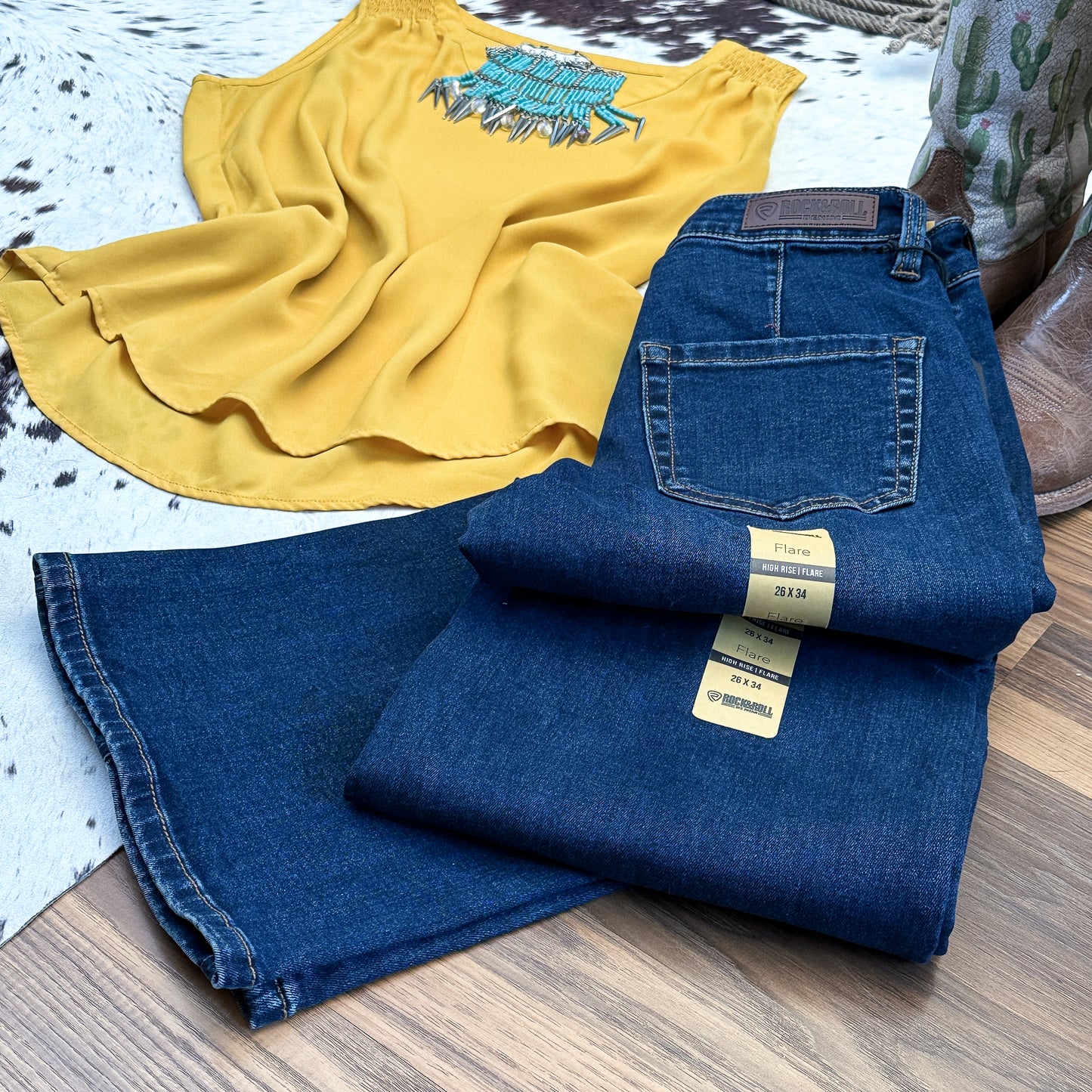 NEW Rock & Roll Denim High Rise Relaxed Flare Jeans – Slant Pockets (26x34)
