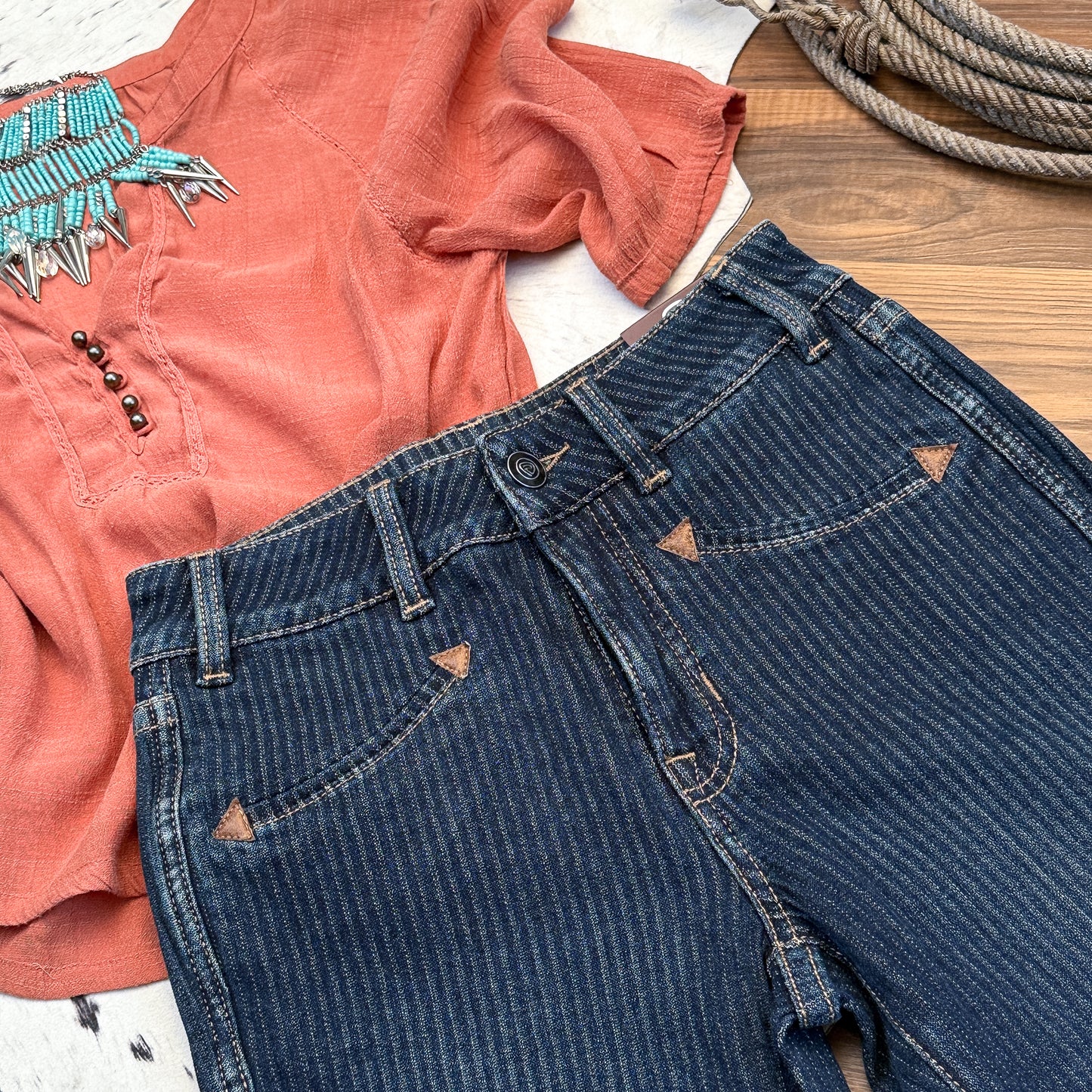 NEW Rock & Roll Denim High Rise Striped Smiley Pocket Bootcut Jeans (26x34)